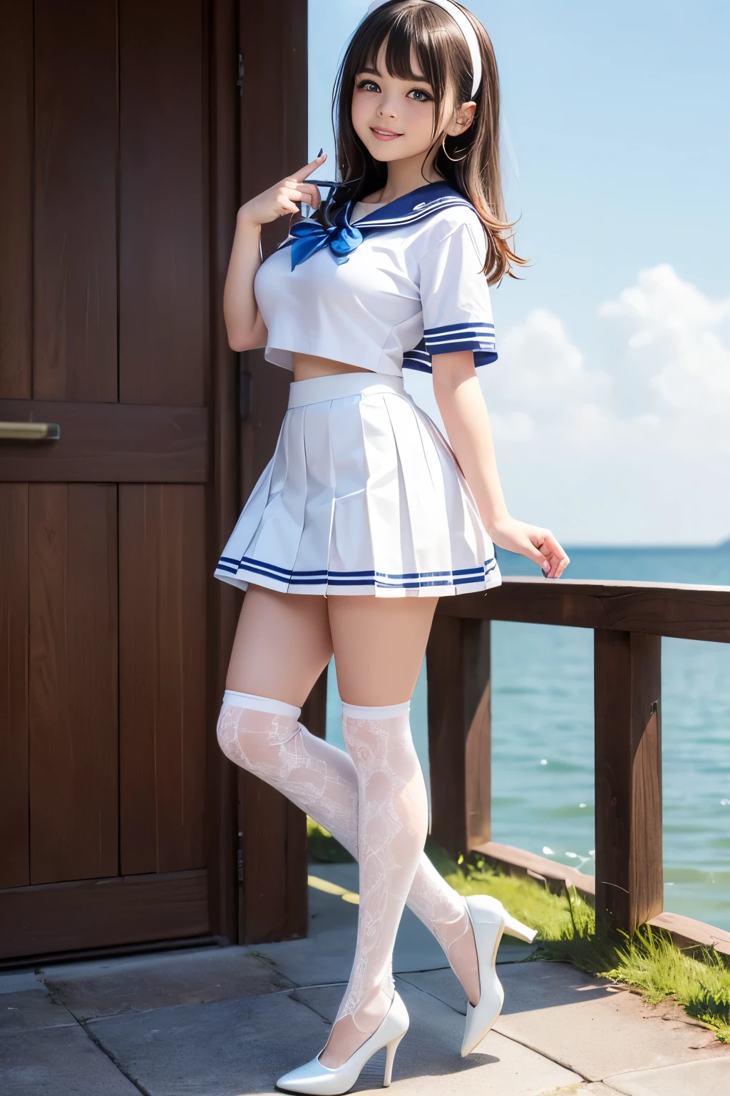 femele,１2 years ,japanes,Brown hair,(((Silk School Uniforms,White shirt,Navy blue skirt))),Beautiful short hair,,Hair fastening to bangs,,((()),Natural smile,(Mansuji)((Clothes are wet and see-through)),swimming pools,(((Grab the skirt with one hand、Lift,Show yourself underwear))),