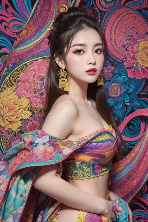 (masterpiece, highest quality, highest quality, Official Art, beautifully、aesthetic:1.2), (One girl:1.3), Very detailed,(Fractal Art:1.1),(colorful:1.1)(Flowers:1.3),Most detailed,(Zentangle:1.2), (Dynamic pose), (Abstract background:1.3), (Shiny skin), (Many colors:1.4), ,(Earrings:1.4),
