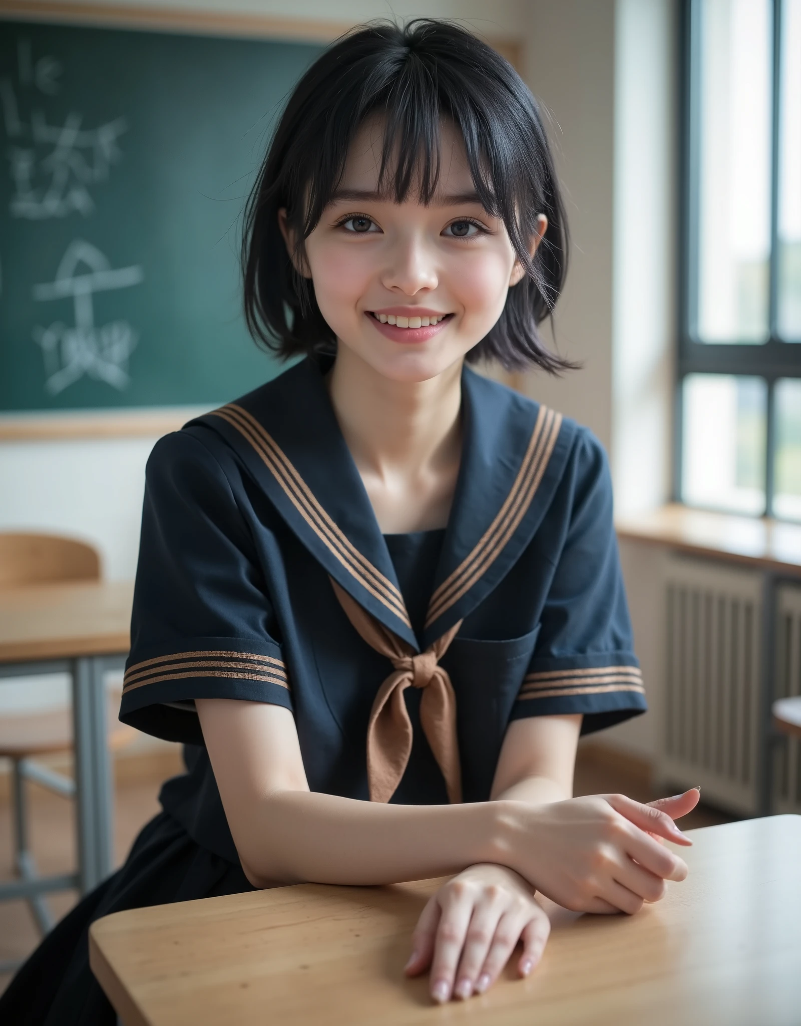 (Canon), (EOS R5), (50mm), ((( photorealistic in the classroom during breaks:1.5))), (No lens flare :1.5), ((超 Hi-Res)), ( Masterpiece),  accurate,( by Nomiな質感の肌),  super detailed,  high detail,  high quality ,  Award-winning work , 最 high quality, 32K,  depth of field on the shoulder,  digital camera,  award-winning glamour photos  ,  professional lighting, (SFW), ((最 high quality:1.5)), (( Masterpiece:1.5)), (( by Nomi)),  Hi-Res, by Nomiな影, Roughness, Real Life,( very beautiful and cute 1 Japanese woman ), ((Very young and petite:1.8)), ((Quite ish:1.8)), ( cute Japanese top idol ), ((Upper body shot seen obliquely from the front :1.5)), (( upper body shot from head to knee  :1.5)), ((A cute  Japanese  high school), (( middle school classroom,  desk, chair, blackboard, and window visible )), (((Navy blue short sleeve sailor suit with dark blue collar and 3 brown lines :1.8))), (((襟と胸当てが紺色で3本の茶色ラインがある半袖の紺色夏服セーラー服と dark blue flare skirt を着て椅子に座っている:1.8))), (( short sleeve navy blue sailor suit with dark blue collar and breastplate :1.8)), (( sailor suit chest is dark blue with 3 brown lines :1.5)), (( dark blue flare skirt :1.5)), (((セーラー服用のBrown scarf:1.8))), (((Brown scarf:1.8))), ((Navy blue scarf closure :1.5)), (( no front buttons on a sailor suit :1.8)), ((( no accessories:1.9))), ((( No Earrings :1.8))), (((Without necklace:1.8))), (( a very cute high school girl who feels young )), Attractive cuteness ,  seductive pose holding hands, Height: 150cm,  slim figure, Quite small bust,  A cup, ((少し歯が見える very cute smile:1.5)), ( alone:1.5), (There is only one person in the classroom), ( brown eyes:1.9), ( Detailed depiction of extremely realistic skin ), (Highly detailed, realistic eyes:1.9), ( extremely beautiful long realistic eyelashes ), (Highly detailed, realistic eyebrows), (丸い brown eyes :1.8), ( beautiful catchlight on the eyes), (Realistic lips with moisture ), ( white realistic teeth neatly arranged ), ( Beautiful and Detailed Face :1.6), ( thin waist:1.5), ( very small bust :1.8), ( clearly contoured cheekbones  :1.5), ( perfect style body  :1.8), (Healthy body :1.8), (Narrow shoulders:1.9), ( staring at viewers), ( captivating gaze), (Beautiful, natural-looking hands), (Short, straight, natural nails), ( show your hands as little as possible ), ( very cute smile:1.1), ( her stomach and navel may be slightly visible:1.4), (straight black hair short hair :1.3), ( beautiful black hair), ( with bangs), Natural atmosphere, Very cute type,  Beautiful Thighs, (( evening classroom )), (( with a pencil case and notebook on her desk :1.4)), (( show your hands as little as possible )), ((I can&#39;t show my feet)),  blur the background, Illuminate the face,  cute pose ,  beautiful body line , Beautiful, realistic skin , Art Photography,  BEAUTIFUL SOFT LIGHTING,  accurate手の形, accurate指の形, accurate指の数,5 fingers on one hand ,((No watermark, No signature))