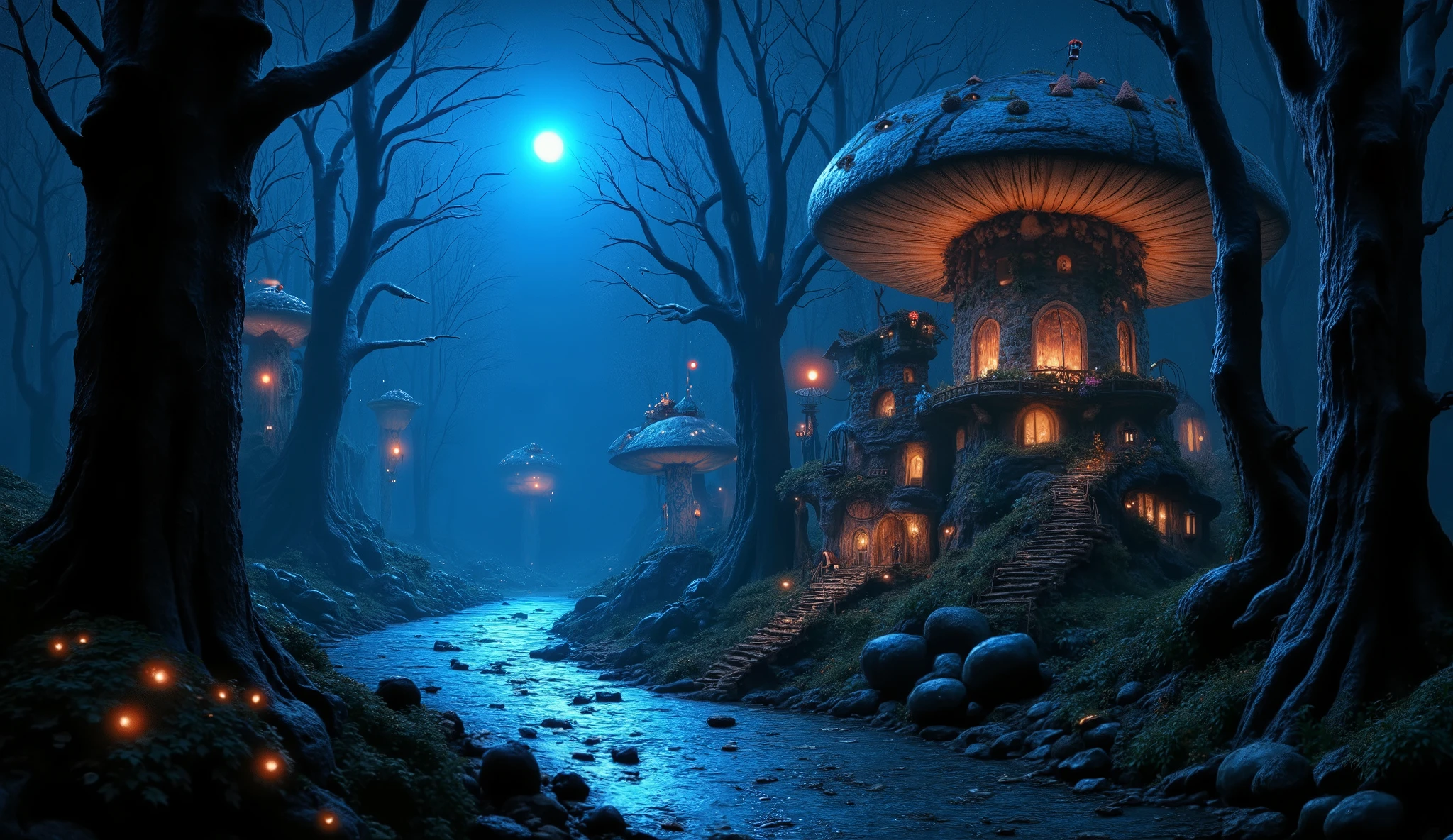 a magical and enchanting nighttime forest scene. Towering trees are adorned with oversized, luminous mushrooms that serve as whimsical shelters, some featuring charming staircases leading up to small, cozy houses. The scene is illuminated by soft lights, possibly lanterns hanging from the mushrooms, casting a warm glow. A calm river runs through the landscape, reflecting the light and the haunting beauty of the surroundings. The moon shines brightly in the starry sky, enhancing the mystical atmosphere. Delicate flowers and lush vegetation add to the overall fairy-tale quality of this serene setting.