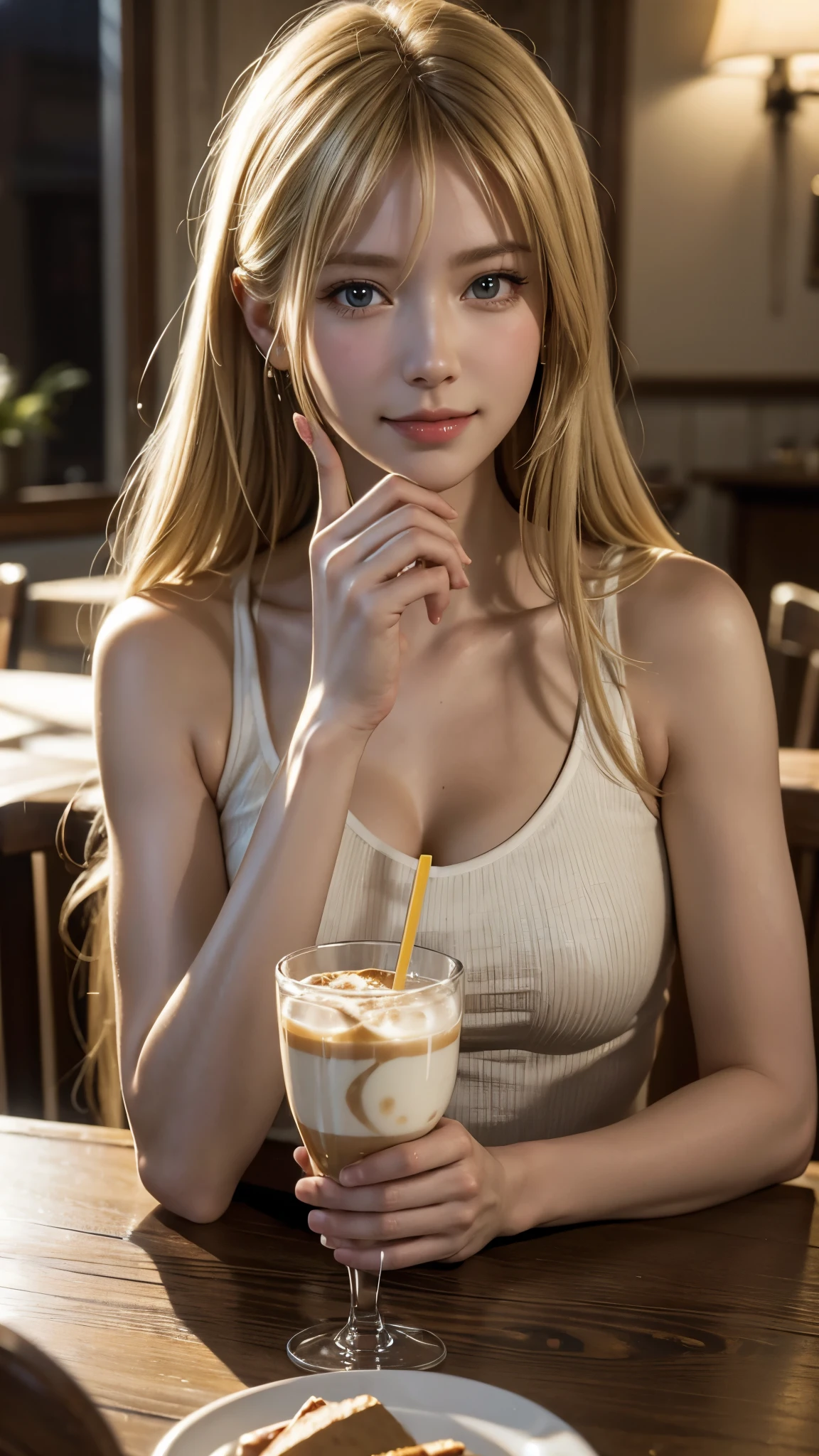 A blonde woman is drinking juice
