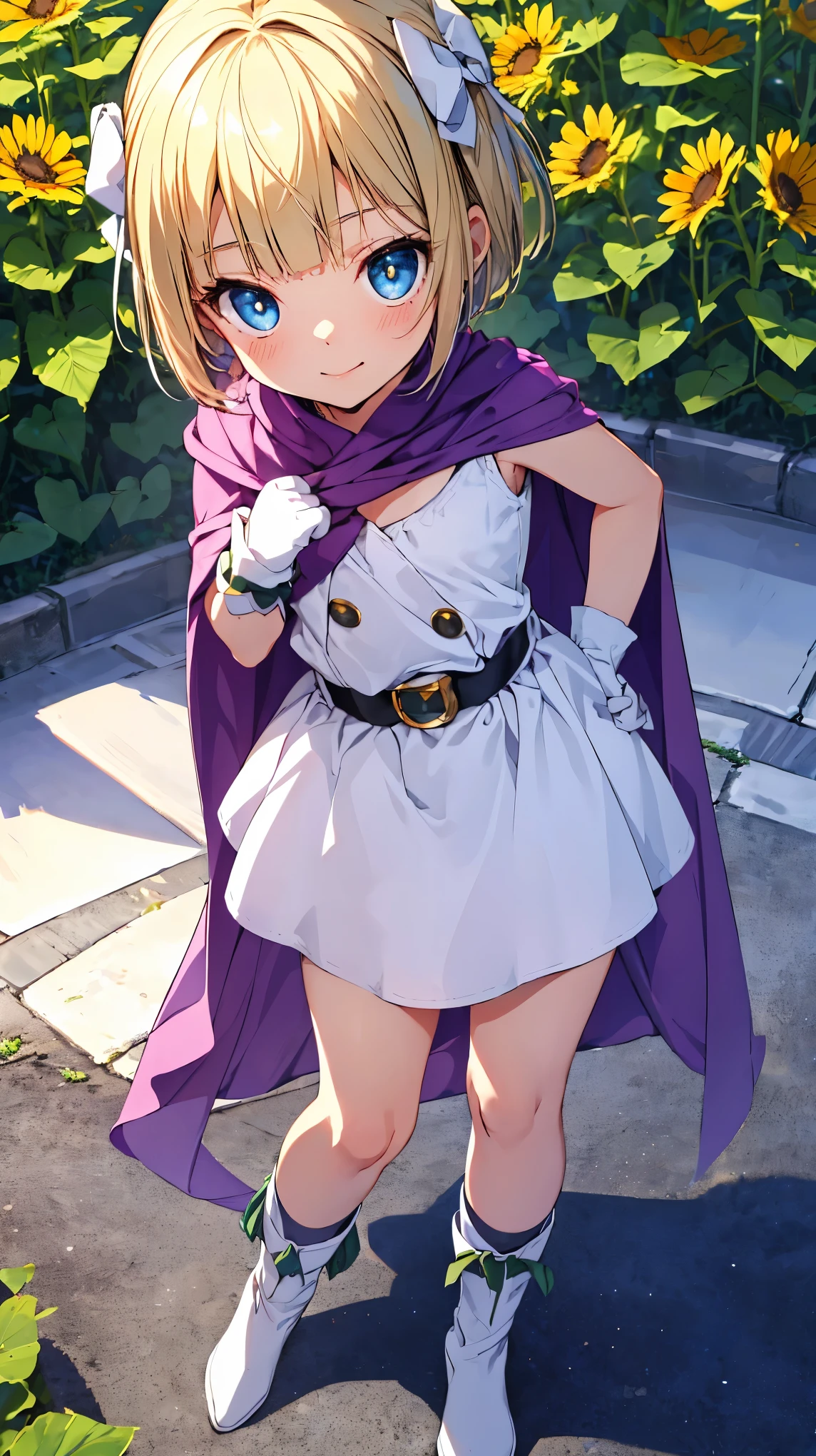 (upper body:1.3),1girl,solo,(blue eyes,blonde hair,short hair,blunt bangs),2green hair ribbon, hair side bow,purple cape, white gloves, white dress,green socks,white boots, belt, sleeveless,seductive smile,flat chest,skinny,(loli,petite,short stature:1.3),Perfect Fingers,betterhand,sunflower field,masterpiece,Noise Reduction,perfect anatomy,high resolution, ultra-detailed, ultra-detailed face,game cg,dutch angle ,beautiful detailed eyes,visualart,five fingers, perfect hands, perfect lighting, sparkling pupils,
