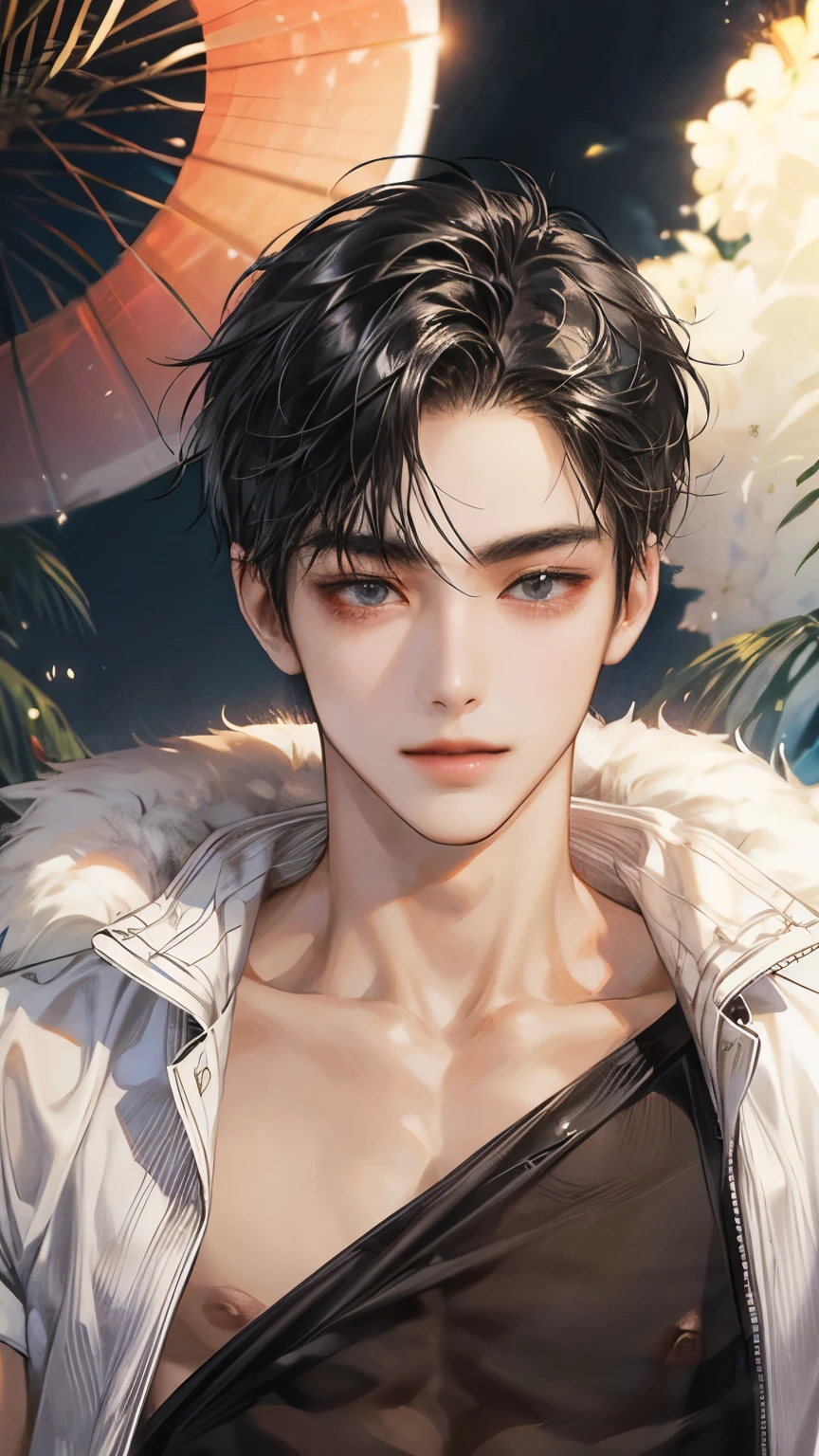 ((Best quality)), ((masterpiece)), (detailed), ((perfect face)), ((halfbody)) handsome face, male, ,  perfect proportions , colorful vibe ((perfect face))arafed male model in a blue trunks sitting on a rock, by Yang J, yanjun chengt, by Yang Jin, inspired by Yanjun Cheng, male art, handsome anime pose, attractive male deity, handsome japanese demon boy, by Zhou Fang, sakimichan frank franzzeta, by Victor Wang, ig model | artgerm