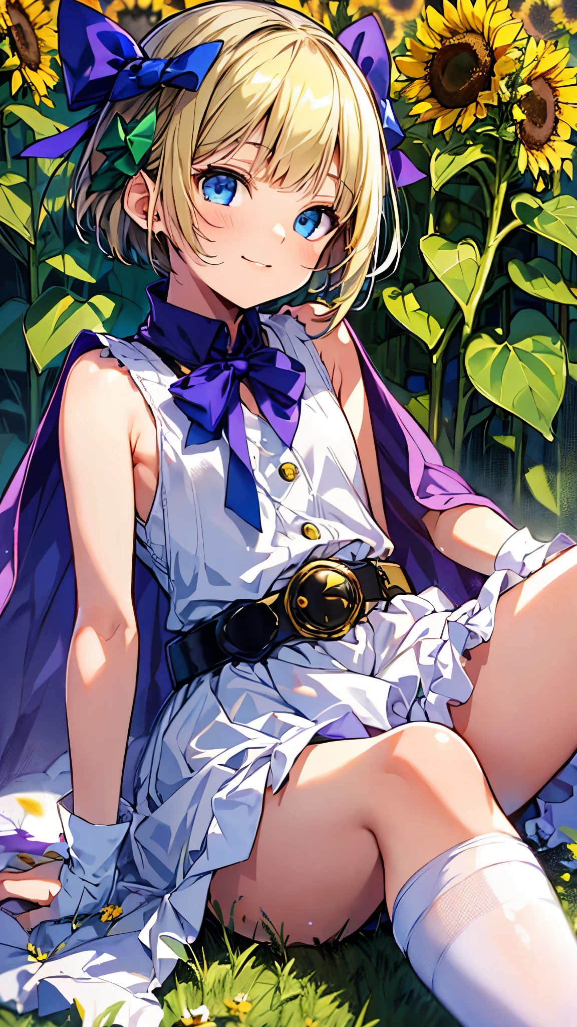 (upper body:1.3),sitting with knees up, spread legs,1girl,solo,(blue eyes,blonde hair,short hair,blunt bangs),2green hair ribbon, hair side bow,(purple cape), white gloves, white dress,green socks,white boots, belt, sleeveless,seductive smile,flat chest,skinny,(,petite,short stature:1.3),Perfect Fingers,betterhand,sunflower field,masterpiece,Noise Reduction,perfect anatomy,high resolution, ultra-detailed, ultra-detailed face,game cg,dutch angle ,beautiful detailed eyes,visualart,five fingers, perfect hands, perfect lighting,