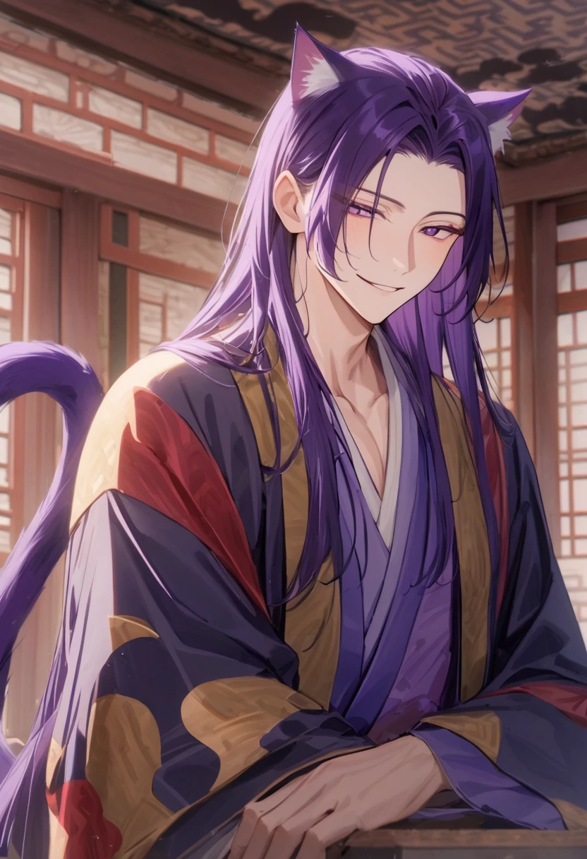 masterpiece, newest, absurdres, safe, Solo, high detailed, jinshi, purple hair, long hair, purple eyes, hair down, cat ears, cat tail, sexy male, seductive, expressive eyes, playful smile, sexy yokai, japenese room, in a Japanese shrine, sexy, multi color kimono, masculine male