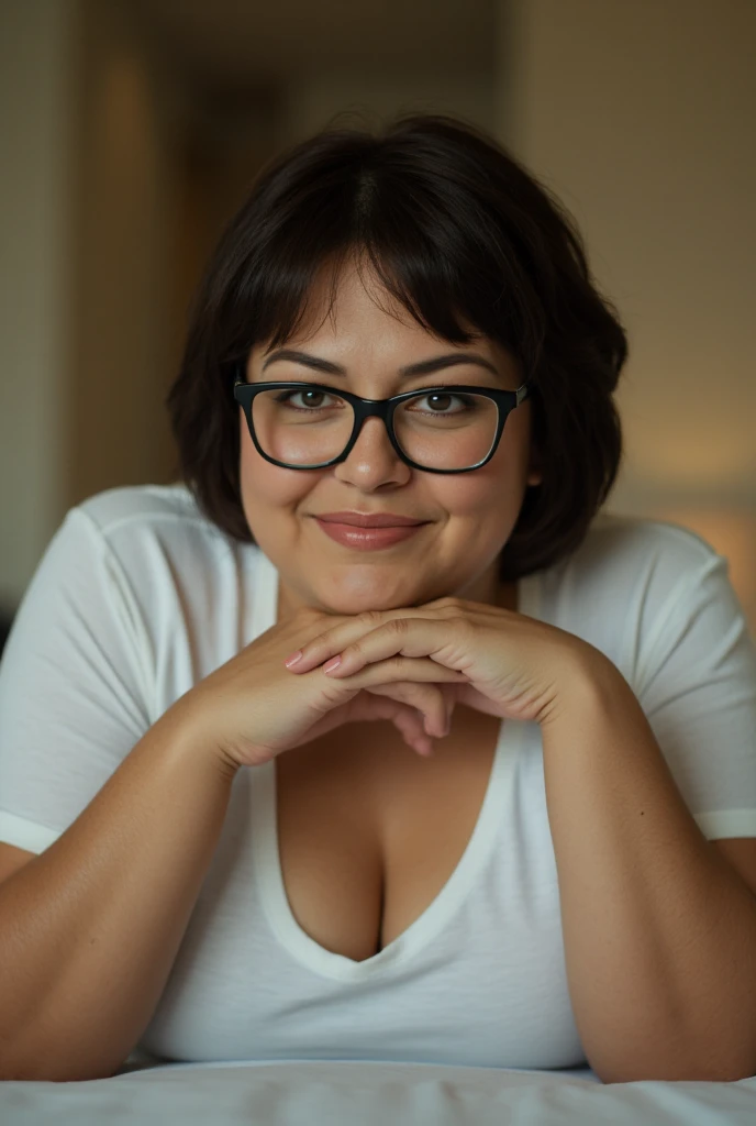 beautiful face, 40 year old busty woman wearing jeans with big hips and big breasts with white button down dress shirt and nice cleavage close up and short brunette hair and glasses