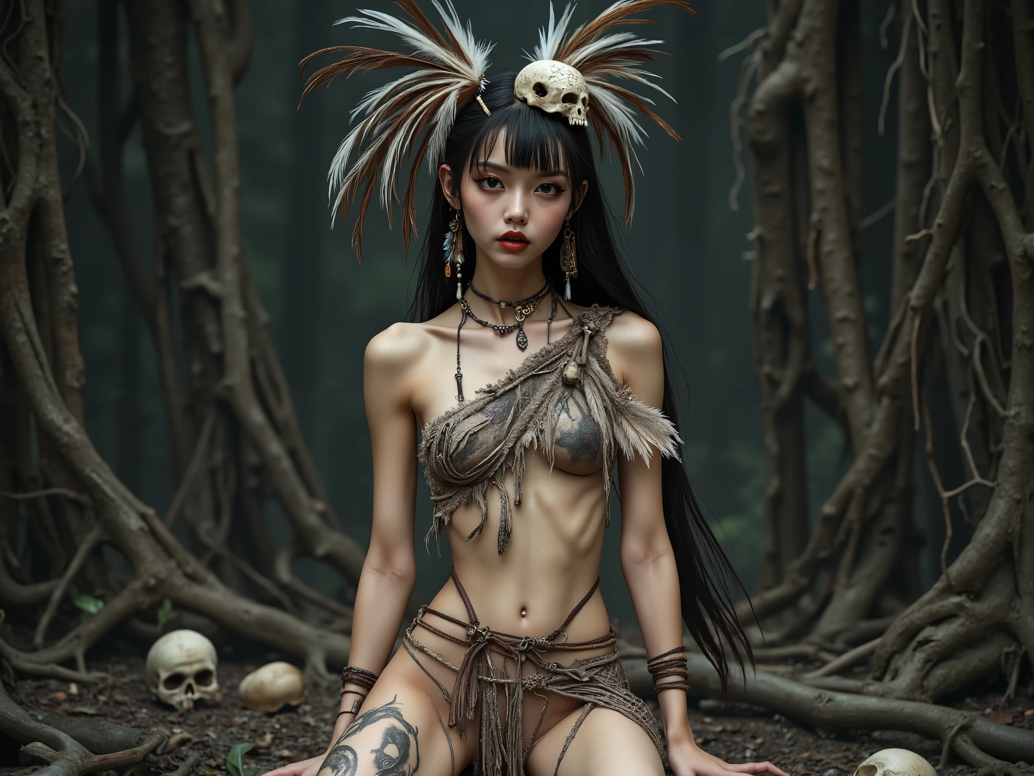 A skinny Chinese woman, 18 years old, with an extremely delicate thin body and fragile appearance and . She has a very small bust , a thin waist and thin legs and go between the thighs . Your hair is long and black, with fringe and extremely long ponytail. Pencil makeup outlined her eyes in strong black , Cherry red lipstick. feather earrings. necklace made of bones.
The woman is seated with her legs open on a throne of stone and bones, hidden in the heart of a dark forest shrouded in dense fog . Her presence is imposing , like a forgotten cult entity .
In the head, she wears a helmet made from the skull of an ancient beast , sculpted with tribal runes . Sharp fangs still adorn the jaw , while dark feathers and bone beads hang from the sides , swaying in the wind.
around, human skulls and animal bones are scattered among the twisted roots of the trees. The woman wears an asymmetric one-shoulder top made of a single piece of fabric tied around the shoulder with frayed edges, irregular cuts and small tears
and hand-painted tribal drawings with natural paint . tribal skirt made of a net woven with natural fibers , where long feathers in earthy tones are irregularly attached , leaving parts of the skin exposed . The side tie with frayed leather straps gives an impromptu air.
Above her when it's nighttime, the full Moon shines brightly , casting a pale glow over her skin , highlighting the paintings and details of her clothing . The wind carries satanic whispers through the fog , as shadows move between trees , observing in silence ..
The scene is hyper-detailed , photorealistic , belly with cinematic lighting and vibrant colors in 8K resolution, presenting perfect anatomy and an impressive visual .