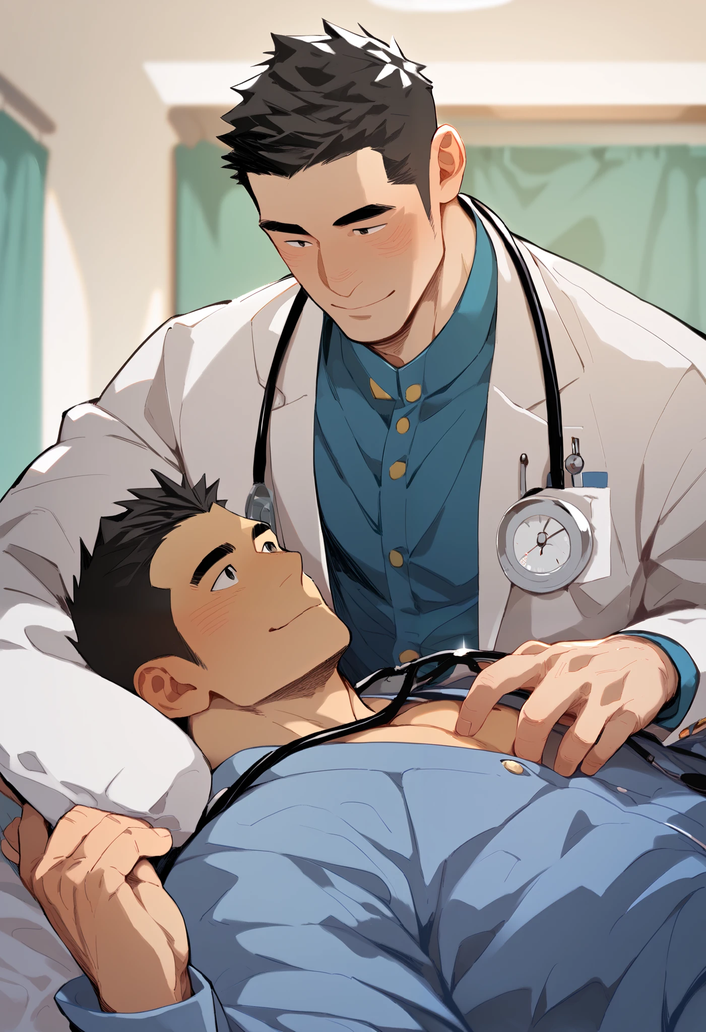 Two man , handsome, Asian skin , black hair , Blusher , black eye, Crew cut, doctor and patient, hospital, The patient is lying on the bed, The doctor is standing next to the patient, The doctor is examining the patient, The doctor is touching patient's nipples, The patient is taking off his top, The doctor wear a stethoscope, huge erected under the clothes, Indoor, very , masterpiece, VERY DETAILED , Exquisite details , detailed background