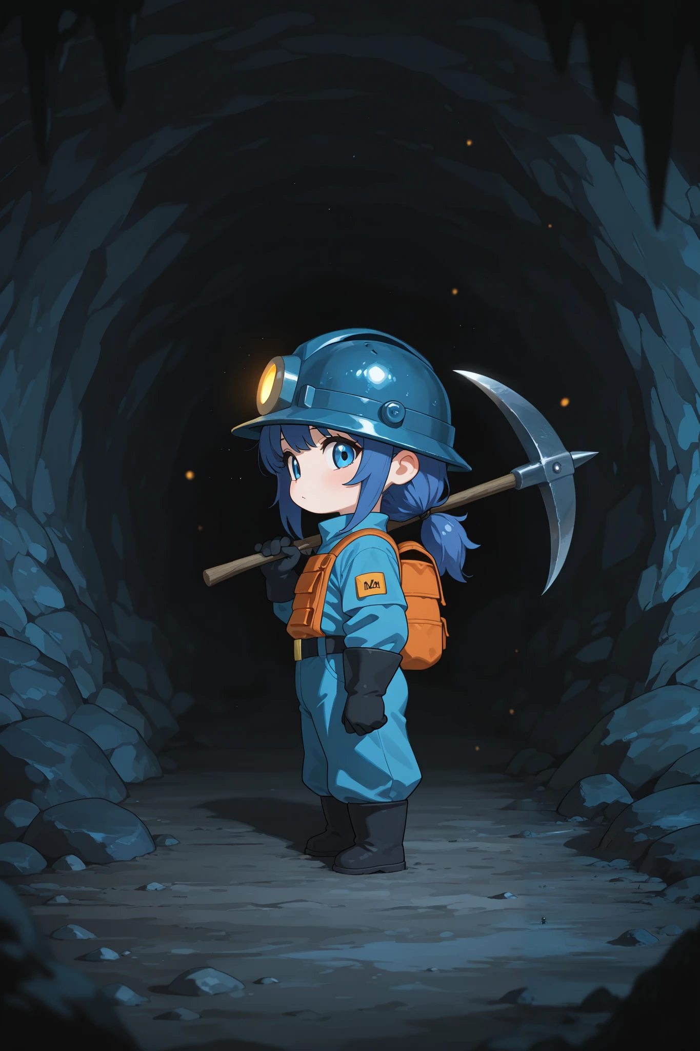 chibi style, masterpiece, best quality, amazing quality, very aesthetic, high resolution, newest, hyper-detailed, realism, from side, medium shot, 1girl, low ponytail hair, miner uniform, miner helmet, set in a cave, ore mine with shimmering ores, pickaxe on shoulder, looking at viewer, fan art, absurdres, depth of field, amazing background