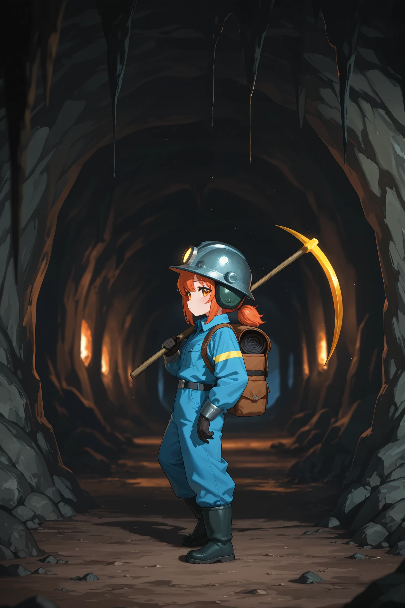 chibi style, masterpiece, best quality, amazing quality, very aesthetic, high resolution, newest, hyper-detailed, realism, from side, medium shot, 1girl, low ponytail hair, miner uniform, miner helmet, set in a cave, ore mine with shimmering ores, pickaxe on shoulder, looking at viewer, fan art, absurdres, depth of field, amazing background