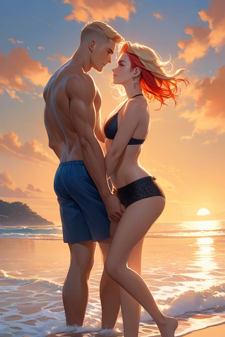Realistic full length image 12 yo muscular white boy shirtless red hair freckles barefoot wearing very tight light blue bulging speedo black leather belt with diamond shaped buckle pulled tight around waist flexing muscles. Adult 30 yo white female shoulder length blonde hair blue eyes barefoot wearing yellow two piece bikini bathing suit holding end black leather belt around boys waist and pulling it tighter.