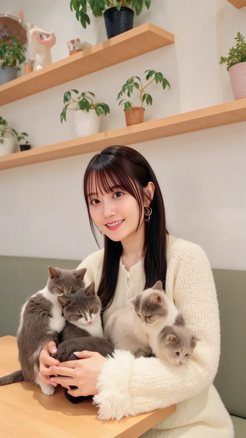 woman holding a cat in a cat bed with a peace sign, with small cat on lap, neko, shikamimi, harumi, けもの, chiho, the cat is smiling, exclusive, there is a cat next to her, big cheeks holding her cat, happy cat, with cats on her side, narumi kakinouchi