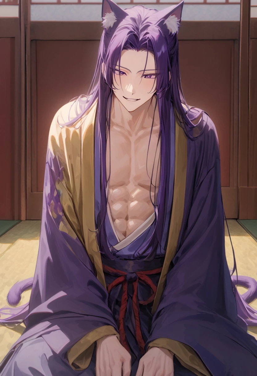 masterpiece, newest, absurdres, safe, Solo, high detailed, jinshi, purple hair, long hair, purple eyes, hair down, cat ears, cat tail, sexy male, seductive, expressive eyes, playful smile, sexy yokai, japenese room, in a Japanese shrine, sexy, multi color kimono, masculine male, ((hair covering human ears))