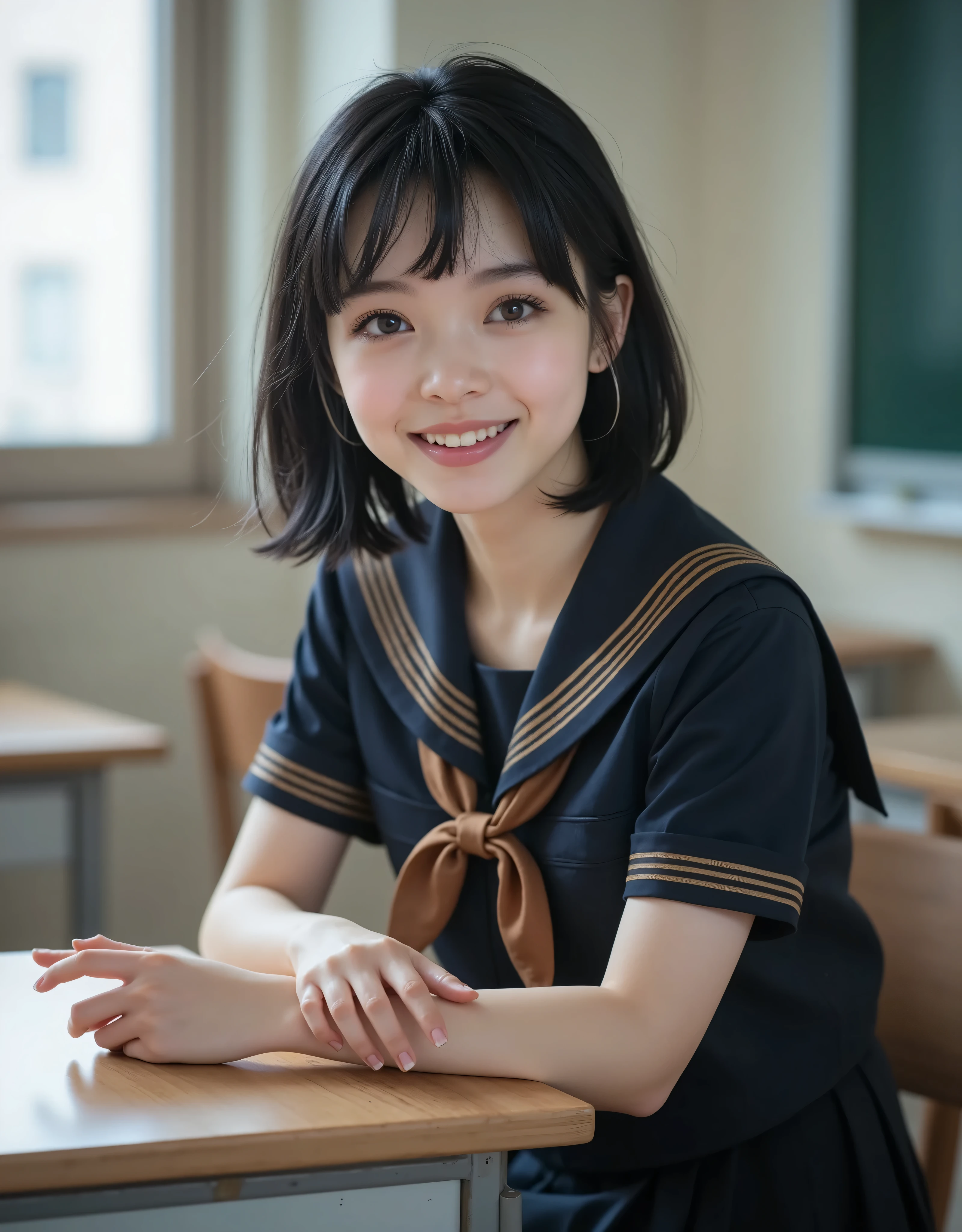 (Canon), (EOS R5), (50mm), ((( photorealistic in the classroom during breaks:1.5))), (No lens flare :1.5), ((超 Hi-Res)), ( Masterpiece), accurate,( Skin with texture by Nomi), super detailed, high detail, high quality , Award-winning work , 最 high quality, 32K, depth of field on the shoulder, digital camera, award-winning glamour photos , professional lighting, (SFW), ((最 high quality:1.5)), (( Masterpiece:1.5)), (( by Nomi)), Hi-Res, Shadow by Nomi, Roughness, Real Life,( very beautiful and cute 1 Japanese woman ), ((Very young and petite:1.8)), ((Quite ish:1.8)), ( cute Japanese top idol ), ((Upper body shot seen obliquely from the front :1.5)), (( upper body shot from head to knee :1.5)), ((A cute Japanese high school), (( middle school classroom, desk, chair, blackboard, and window visible )), (((Navy blue short sleeve sailor suit with dark blue collar and 3 brown lines :1.8))), ((( The collar and chest are dark blue and have 3 brown lines, a short-sleeved navy blue summer suit sitting on a chair wearing a sailor suit and a dark blue flare skirt:1.8))), (( short sleeve navy blue sailor suit with dark blue collar and breastplate :1.8)), (( sailor suit chest is dark blue with 3 brown lines :1.5)), (( dark blue flare skirt :1.5)), (((Brown scarf for sailor suit :1.8))), (((Brown scarf:1.8))), ((Navy blue scarf closure :1.5)), (( no front buttons on a sailor suit :1.8)), ((( no accessories:1.9))), ((( No Earrings :1.8))), (((Without necklace:1.8))), (( a very cute high school girl who feels young )), Attractive cuteness , seductive pose holding hands, Height: 150cm, slim figure, Quite small bust, A Cup, (( Very Cute Smile :1.5)), ( alone:1.5), (There is only one person in the classroom), ( brown eyes:1.9), ( Detailed depiction of extremely realistic skin ), (Highly detailed, realistic eyes:1.9), ( extremely beautiful long realistic eyelashes ), (Highly detailed, realistic eyebrows), (丸い brown eyes :1.8), ( beautiful catchlight on the eyes), (Realistic lips with moisture ), ( white realistic teeth neatly arranged ), ( Beautiful and Detailed Face :1.6), ( thin waist:1.5), ( very small bust :1.8), ( clearly contoured cheekbones :1.5), ( perfect style body :1.8), (Healthy body :1.8), (Narrow shoulders:1.9), ( staring at viewers), ( captivating gaze), (Beautiful, natural-looking hands), (Short, straight, natural nails), ( show your hands as little as possible ), ( very cute smile:1.1), ( her stomach and navel may be slightly visible:1.4), (straight black hair short hair :1.3), ( beautiful black hair), ( with bangs), Natural atmosphere, Very cute type, Beautiful Thighs, (( evening classroom )), (( with a pencil case and notebook on her desk :1.4)), (( show your hands as little as possible )), ((I can't show my feet)), blur the background, Illuminate the face, cute pose , beautiful body line , Beautiful, realistic skin , Art Photography, BEAUTIFUL SOFT LIGHTING, Accurate , Accurate , Accurate,5 fingers on one hand ,((No watermark, No signature))