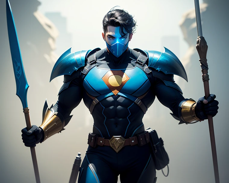 Description: Create a faithful and highly expressive representation of the Favela Guardian, an iconic black comic book character. He is portrayed wearing stately, gleaming niobium military armor, which molds perfectly to his athletic 16-year-old body. Details in shades of dark blue, black and silver adorn the costume, symbolizing its courage and strength.

The Slum Guardian is seen wielding his mighty weapons, a futuristic gleaming slingshot and dart-firing arm. The darts are adorned with mystical runes, while the shield on the arm bears the symbol of Morro da Paz. Her facial expression is determined and confident, conveying her resilience and determination.

Around the Guardian of the Quebradas, Gatrones and Musquitrones fly, helping with the challenges he faces on his journey. These mechanical creatures have shiny metallic details, enhancing their appearance.