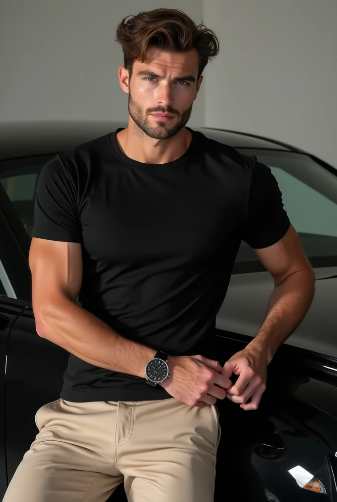Tultra-realistic full-body fashion photography of a handsome 30-year-old male model with fair skin, chiseled jawline, messy pomp hairstyle, voluminous and full eyelashes, full mouth, slightly upturned and pointed nose, marked chin, wearing a fitted black t-shirt (96% cotton, 4% elastane) with a ROUND neckline and beige tailored trousers luxury watch on his wrist, leaning against a black luxury car with tinted windows. as if it were taken with a Canon EOS R5 camera. adjusting his t-shirt sleeve, confident expression, professional studio setting