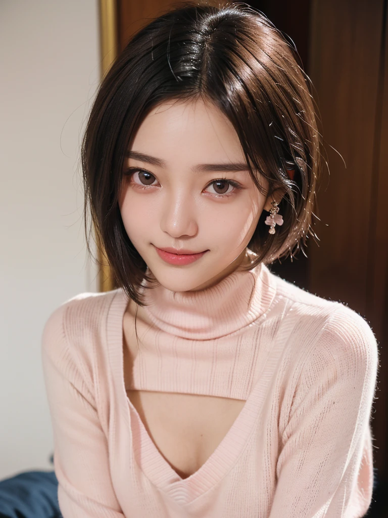 (Raw photo, High resolution, Best Quality, masutepiece:1.3), (realistic detail, hyper realisitc, Photorealistic: 1.2),  Sharp Focus, Medium Shot Shot, upperbody shot, 1girl in, Very delicate and beautiful, Beautiful detailed girl, A detailed eye、A detailed face, Triangular face, Beautiful detailed eyes, (Slender figure, thin waist), (sweater dress), In fashion, earrings, Natural makeup, Pink shiny lips, Sweep Fashion Shorthair, Perfect Style, (low illuminance, Sitting in a café), nffsw