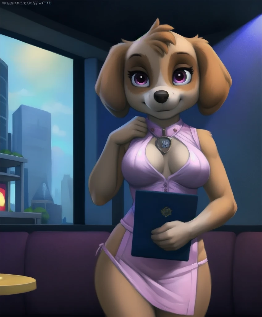 Beastars art style, beastars, Juno, brown wolf, she Wolf, 1girl, furry, long curly brown fur, slim figure, blue eyes, wide hips, Big breasts, White skirt, White top, cleavage, night time, woods