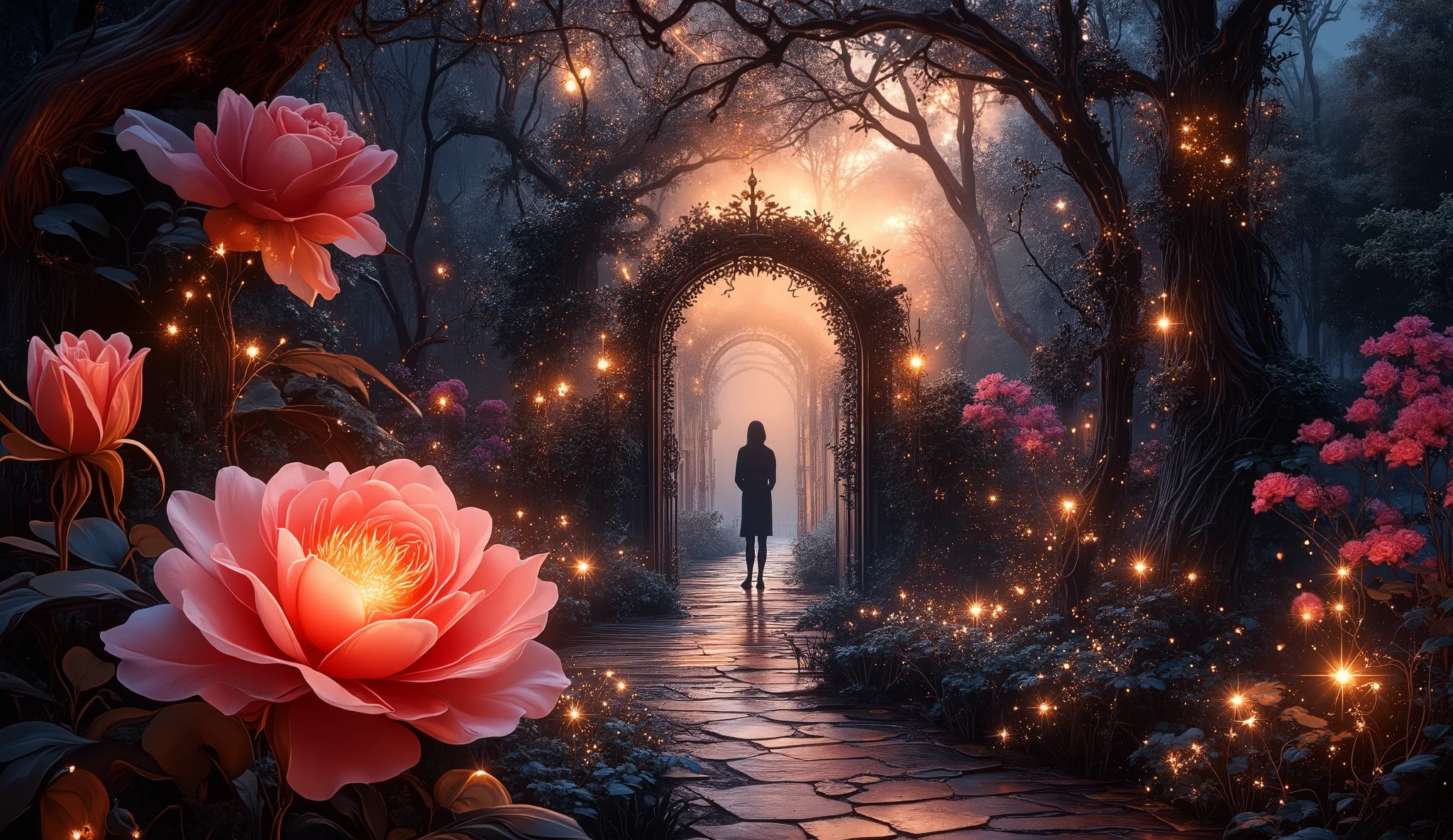 mystical garden scene at twilight with luminous roses in foreground, path winding through mysterious archways covered in climbing plants, dramatic chiaroscuro lighting, person silhouetted at garden gate, cinematic composition with leading lines, muted color palette with accent lighting on roses
