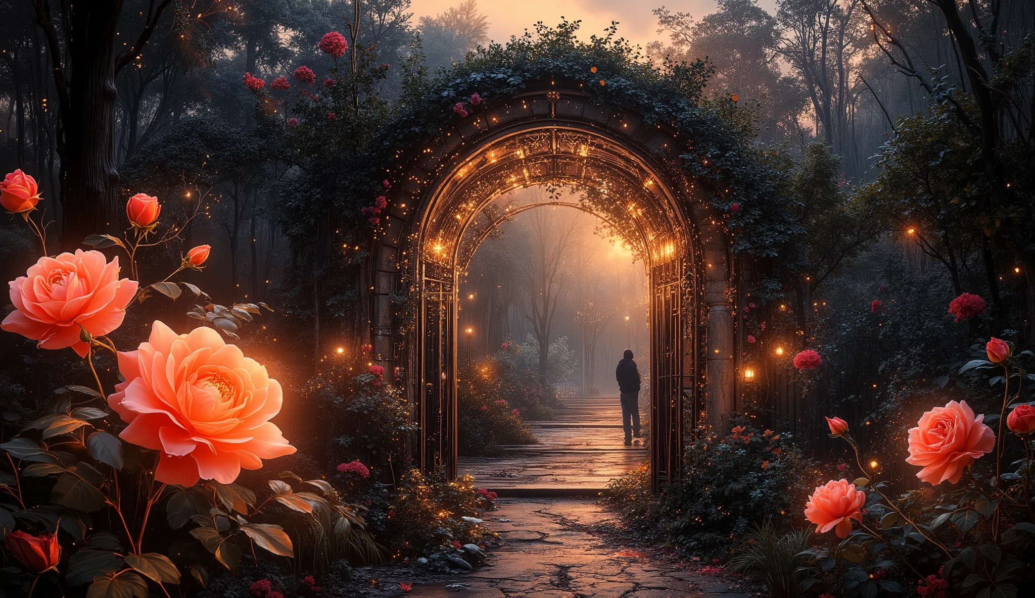 mystical garden scene at twilight with luminous roses in foreground, path winding through mysterious archways covered in climbing plants, dramatic chiaroscuro lighting, person silhouetted at garden gate, cinematic composition with leading lines, muted color palette with accent lighting on roses