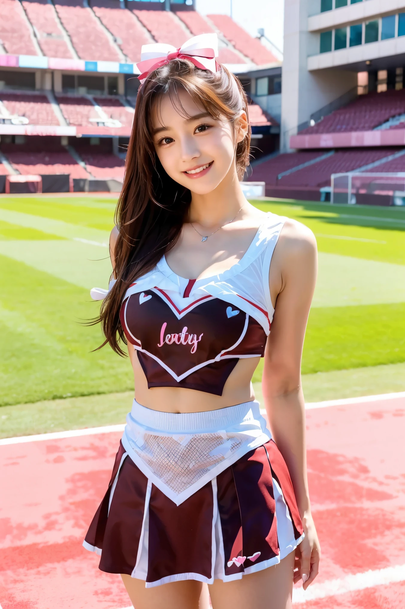 (8K、Highest quality、masterpiece:1.2)、(Realistic、Realistic:1.37)、Sleeveless、Red ribbon、mini skirt、Random hairstyle、Very detailed、Ultra-high resolution、1 Girl、Cheerleader、Beautifully detailed face、Laughter、narrow、(Slim waist) :1.3)、Beautiful and detailed skin、Skin Texture、Floating Hair、Professional Lighting、Human whole body、smile、27 years old、Baby Face、子供っぽいsmile、Sappin''''''''、Moisturizing lips、Pale pink lips、Upper body naked、Lace green underwear、Micro size underwear、Umbilical cord prolapse、F cup breasts、Cleavage、Panty shot
