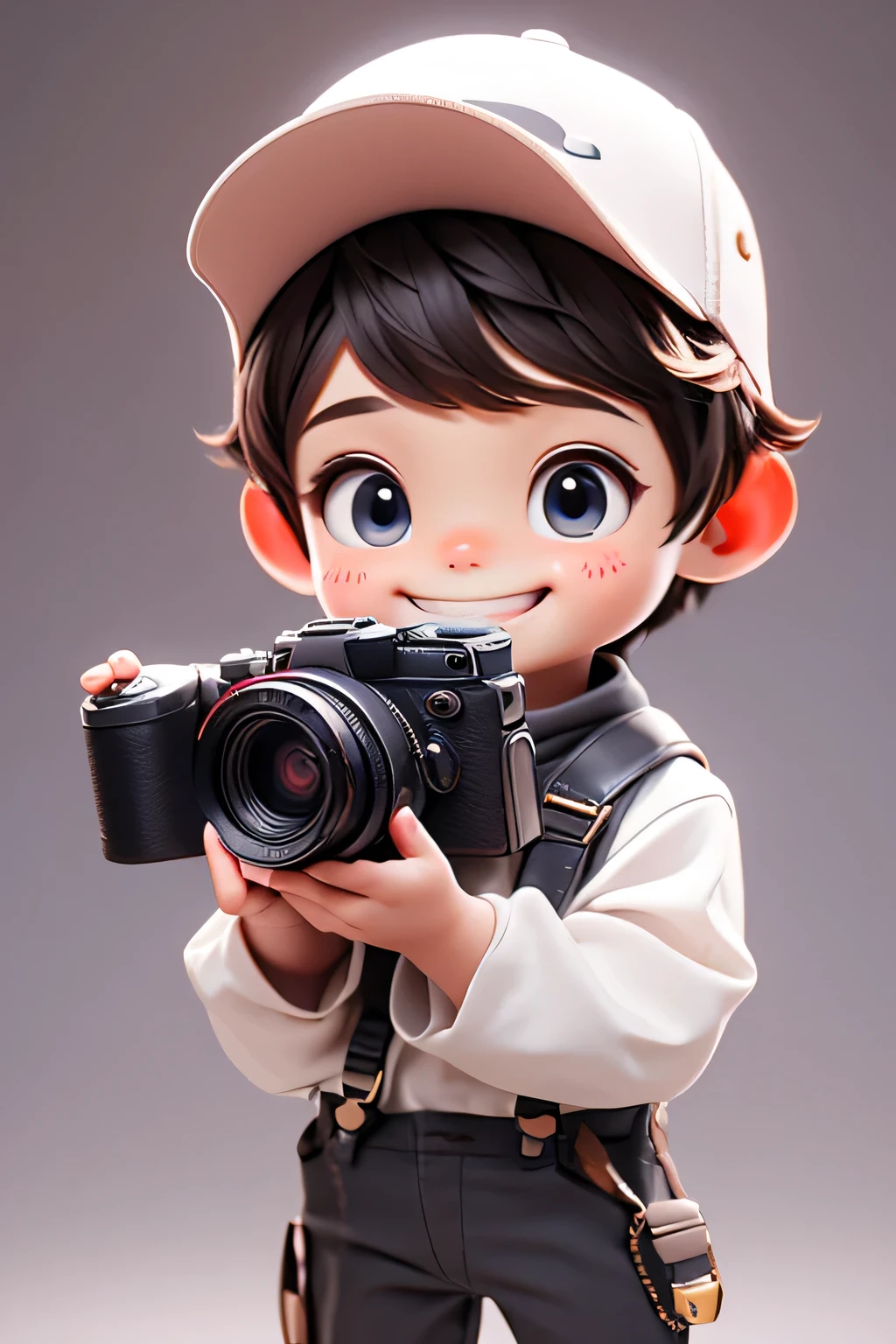  The background is transparent and can be used as a PNG, and he is holding a camera, Make a cute character who is smiling. Additionally, I want the costume I'm wearing to be simple and clean