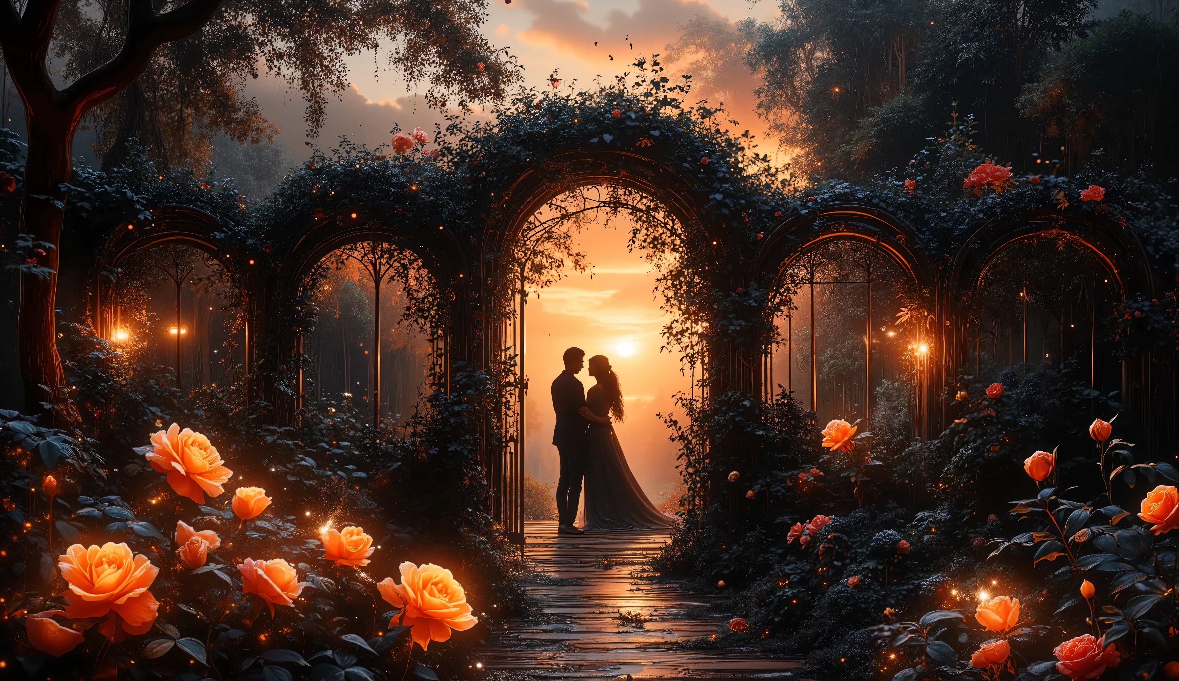 mystical garden scene at twilight with luminous roses in foreground, path winding through mysterious archways covered in climbing plants, dramatic chiaroscuro lighting, couple silhouetted at garden gate, cinematic composition with leading lines, muted color palette with accent lighting on roses