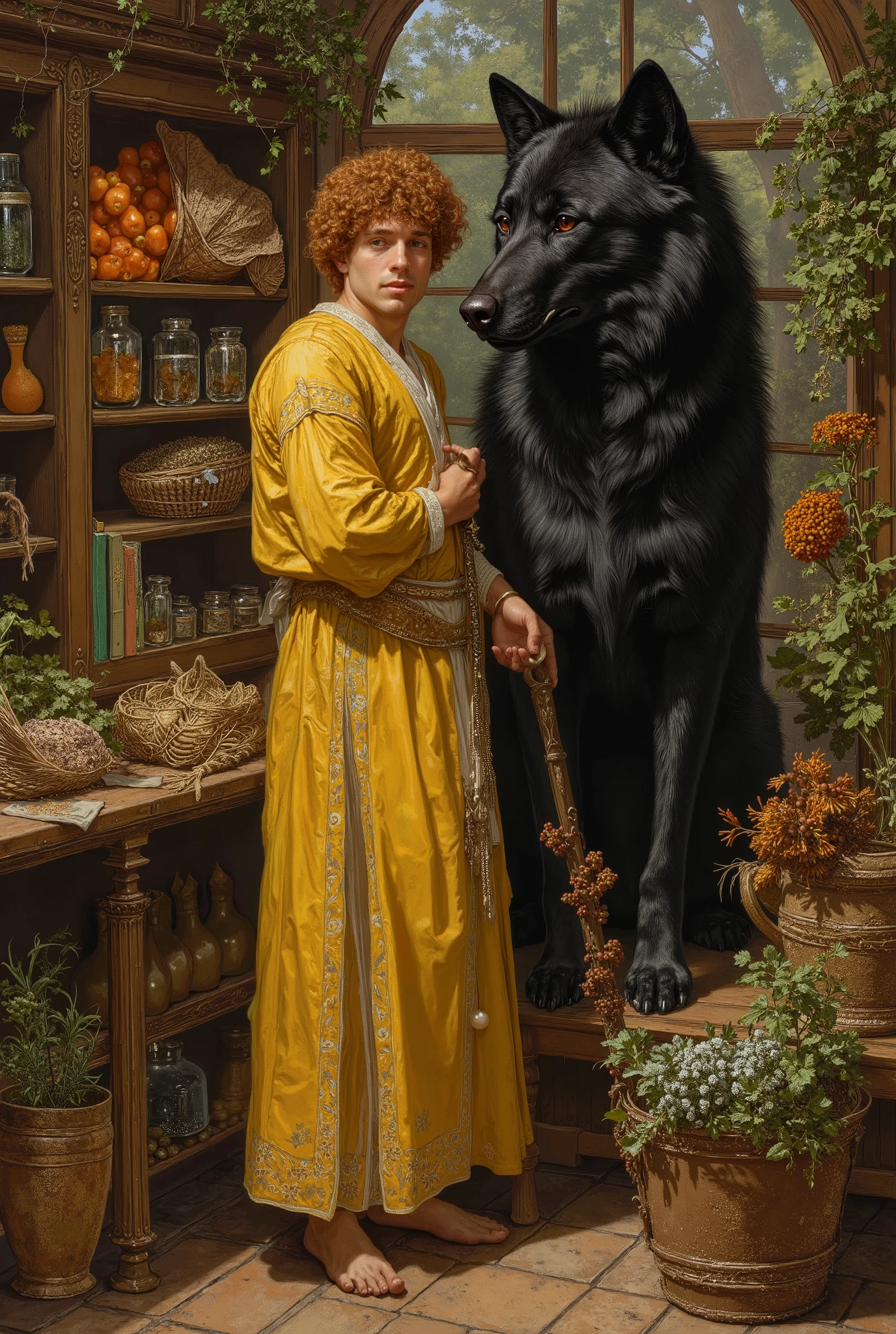 ((fullbody))in jc leyendecker and paul cadmus art style, "the healer", fullbody, close up big black wolf, perfect anatomy, the merchant, shelves with HERBS, FRUITS, LITTLE BOXES, VEGETABLES, GRAINS, DUMBBELLS , reach intricate background LARGE WINDOWS TO SEE THE GARDEN, realism close up portrait, oil painting, masterpiece, shadows, expert, insanely detailed, 4k resolution, caravaggio, john william waterhouse, By Caravaggio colours, chiaroscuro, mtg, dnd, fantasy, Watercolor, trending on artstation, sharp focus, studio photo, intricate details, highly detailed, by greg rutkowski.  Young wizard man, Handsome, sexy in a rich yellow outfit, tunic style that leaves your abdomen exposed. Bright Cherry Red gurly hair