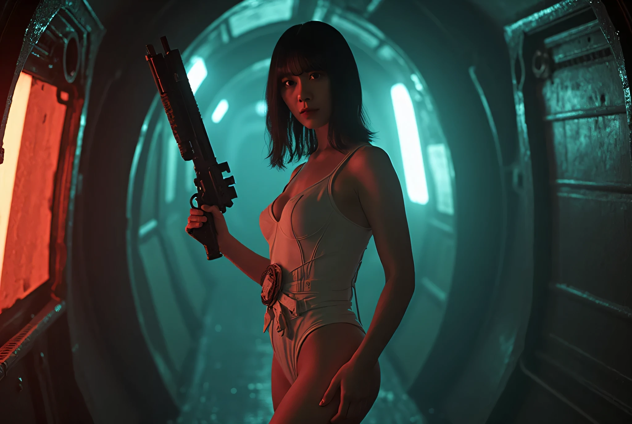 (((The dark interior of the Nostromo ship :2.0))),((( HR Gigger Style Cyberpunk Atmosphere :2.0))),(((Hold the matchlock of the future :2.0))), Standing,((whole body:2.0)), one woman,( cute face),(Beautiful well-balanced face ),(( natural big breasted :2.0)),( black hair:1.5),( beautiful eyes:1.3), glamorous shot of a 20 year old Japanese woman , Slender Beautiful Body ,((Model body type:2.0)),(( slim body with hot water:1.7)), perfect body line , ideal proportions ,(( big breasts:2.0)),((F cup breasts:1.5)),Big Breasts,Bare thighs, sensual thighs, delicate body,( Muscular:1.7),A harmonious posture,((Realistic breast depiction :1.7)), carefully depicting limbs based on perfect anatomy,((Futuristic samurai style white super high leg leotard :1.5)),(( white super high-leg leotard made of fitted camy-style latex:1.5)),((A white samurai armor-style military coat with an open front over a leotard:1.5)),(ear monitor:1.5),((Tactical Holster:1.5)),( gloves:1.3), concept art,( top quality:1.5),( Masterpiece:1.5),(Super high resolution),resolution,UHD,( delicate depiction), carefully drawn with butterfly wings ,32K,(( realistic skin texture:1.5)),((( Super realistic :1.5))), eyelashes, highly detailed face,Highly detailed female hand,Sexy appearance,Very sensual,(Blurry Dim Backgrounds :1.5), professional photography,( Movie Lighting:2.0),(( Blade Runner Style Lights :2.0))
