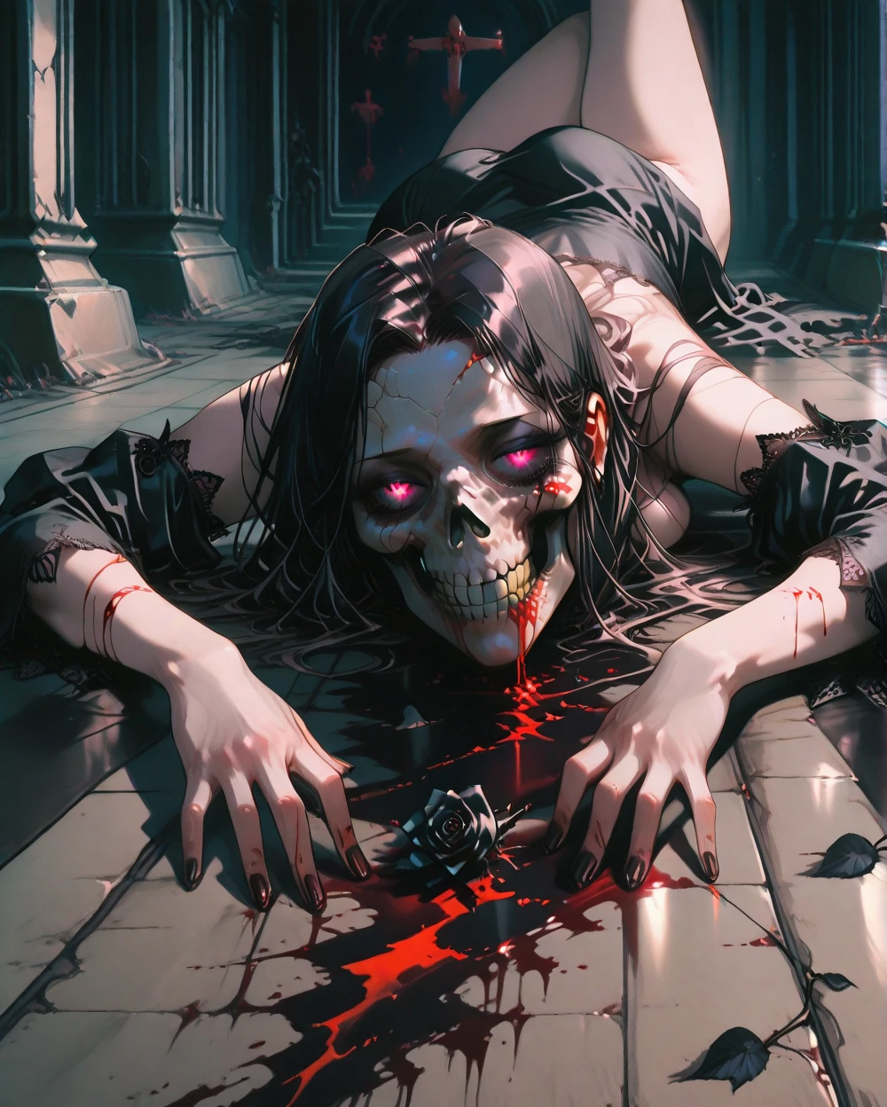 Absurd resolution, high resolution, (masterpiece: 1.4), hyper-detailed, bloodied woman, laying on floor, intense expression, torn clothes, dramatic lighting, dark atmosphere, surreal setting, hauntingly beautiful, ethereal glow, shattered glass, splatters of blood, vibrant colors, cinematic, eerie, mysterious, otherworldly, gloomy, somber.