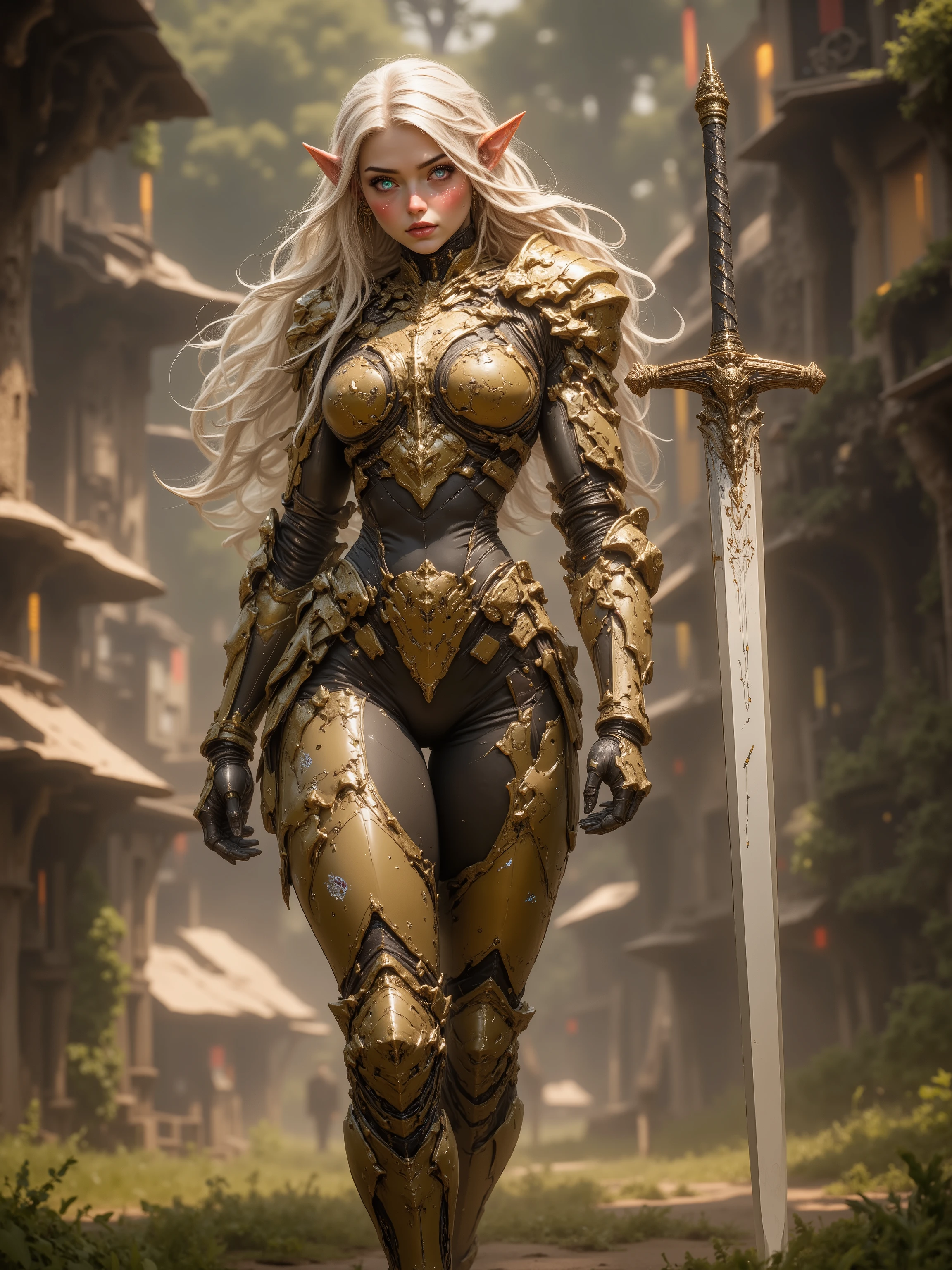 Female Elf, Long Blonde Ponytail with Blunt Bangs, Long Elven Ears, Glowing Blue and white Cybernetic Eyes, Tanned Skin, Large Breasts, Wide Hips, Thick Thighs, Long Legs, Wearing Form Fitting Advanced Golden Leaf Motif Advanced Cybernetic Armor, Holding a Silver High tech Long Sword, walking through a forest during the day, Futuristic Tree Houses in the background