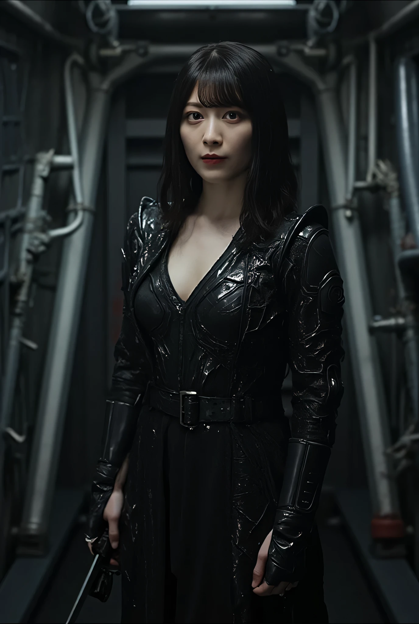 (((The dark interior of the Nostromo ship :2.0))),((( HR Gigger Style Cyberpunk Atmosphere :2.0))),(((Hold a cyberpunk-style Japanese sword:2.0))), Standing,((whole body:2.0)), one woman,( cute face),(Beautiful well-balanced face ),(( natural big breasted :2.0)),( black hair:1.5),( beautiful eyes:1.3), glamorous shot of a 20 year old Japanese woman , Slender Beautiful Body ,((Model body type:2.0)),(( slim body with hot water:1.7)), perfect body line , ideal proportions ,(( big breasts:2.0)),((F cup breasts:1.5)),Big Breasts,Bare thighs, sensual thighs, delicate body,( Muscular:1.7),A harmonious posture,((Realistic breast depiction :1.7)), carefully depicting limbs based on perfect anatomy,((Wear a samurai kimono-style military coat with an open front over a black super high-leg leotard :1.5)),(( is a super high-leg leotard made of camy-style latex that fits the body:1.5)),(( Samurai armor-style military coat with an open front over a leotard:1.5)),(ear monitor:1.5),((Tactical Holster:1.5)),( gloves:1.3), concept art,( top quality:1.5),( Masterpiece:1.5),(Super high resolution),resolution,UHD,( delicate depiction), carefully drawn with butterfly wings ,32K,(( realistic skin texture:1.5)),((( Super realistic :1.5))), eyelashes, highly detailed face,Highly detailed female hand,Sexy appearance,Very sensual,(Blurry Dim Backgrounds :1.5), professional photography,( Movie Lighting:2.0),(( Blade Runner Style Lights :2.0))