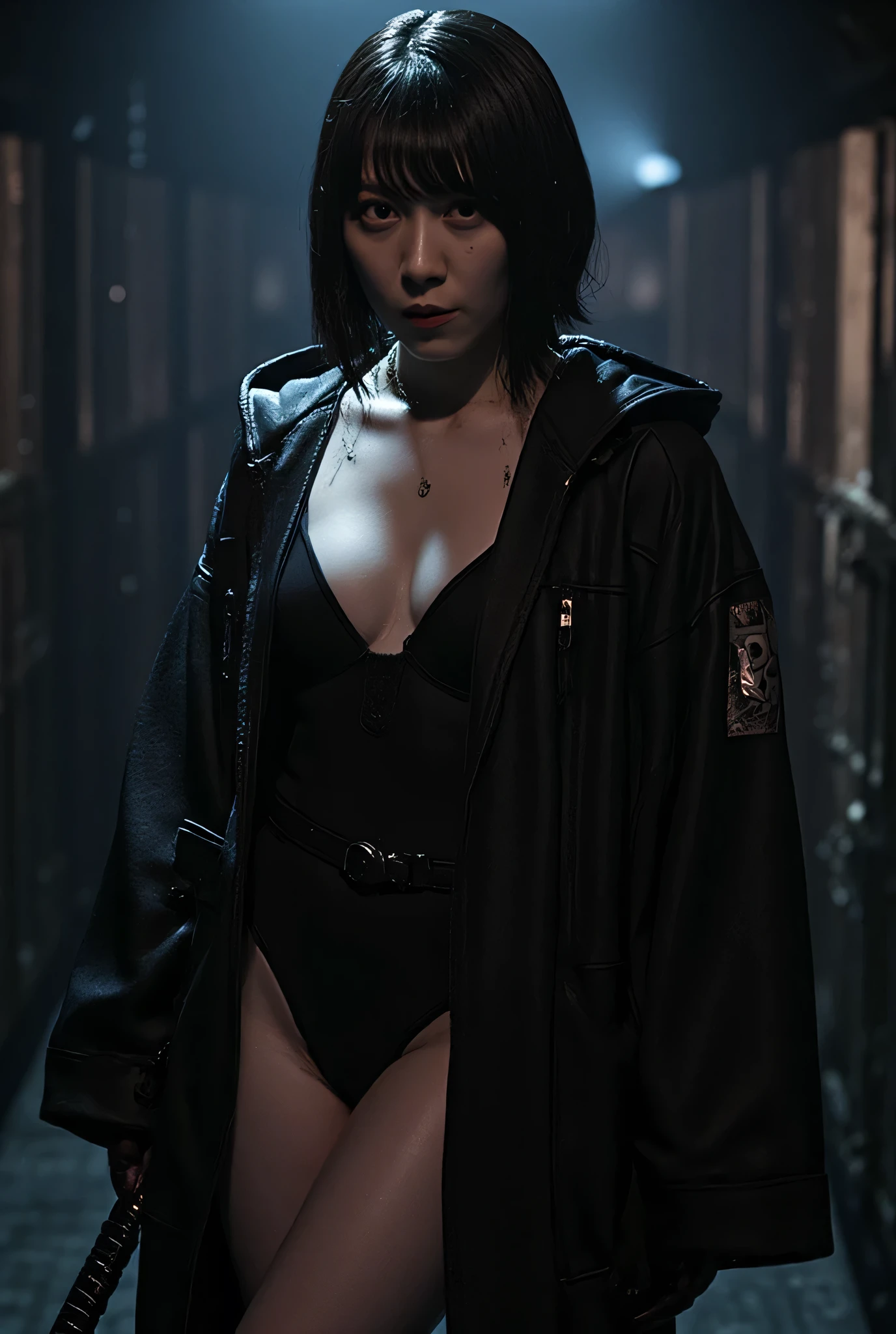 (((The dark interior of the Nostromo ship :2.0))),((( HR Gigger Style Cyberpunk Atmosphere :2.0))),(((Hold a cyberpunk-style Japanese sword:2.0))), Standing,((whole body:2.0)), one woman,( cute face),(Beautiful well-balanced face ),(( natural big breasted :2.0)),( black hair:1.5),( beautiful eyes:1.3), glamorous shot of a 20 year old Japanese woman , Slender Beautiful Body ,((Model body type:2.0)),(( slim body with hot water:1.7)), perfect body line , ideal proportions ,(( big breasts:2.0)),((F cup breasts:1.5)),Big Breasts,Bare thighs, sensual thighs, delicate body,( Muscular:1.7),A harmonious posture,((Realistic breast depiction :1.7)), carefully depicting limbs based on perfect anatomy,((Wear a samurai kimono-style military coat with an open front over a black super high-leg leotard :1.5)),(( is a super high-leg leotard made of camy-style latex that fits the body:1.5)),(( Samurai armor-style military coat with an open front over a leotard:1.5)),(ear monitor:1.5),((Tactical Holster:1.5)),( gloves:1.3), concept art,( top quality:1.5),( Masterpiece:1.5),(Super high resolution),resolution,UHD,( delicate depiction), carefully drawn with butterfly wings ,32K,(( realistic skin texture:1.5)),((( Super realistic :1.5))), eyelashes, highly detailed face,Highly detailed female hand,Sexy appearance,Very sensual,(Blurry Dim Backgrounds :1.5), professional photography,( Movie Lighting:2.0),(( Blade Runner Style Lights :2.0))