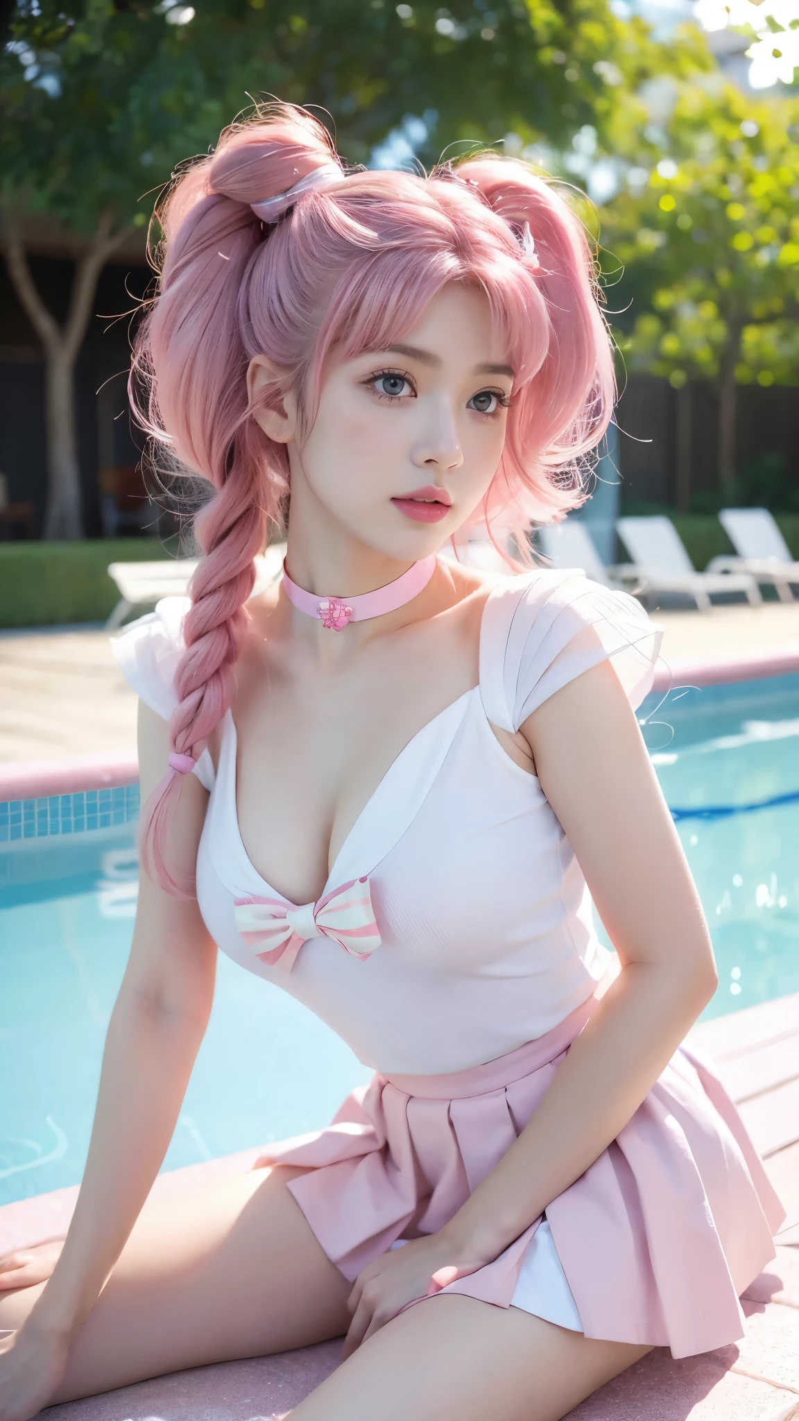masterpiece, Highest quality, high resolution, (realistic), RAW photo, Octane rendering, Chubby face:1.1, sexy, Highest quality, Very detailed, Very accurate, Chubby face: 1.2, ((Wearing a Sailor Chibiusa costume)), close-up of a girl (()) in a sailor costume posing by the pool, anime girl cosplay, anime cosplay, cosplay, cosplay photo, realistic cosplay, anime girl in real life, full-cosplay, Sailor Moon. beautiful, baby face, light make-up, natural make-up, big breasts, tall and big posture, thin lips, pink lips, pleated skirt, super short mini skirt, realistic anime photo, professional cosplay, sailor uniform, Sailor Moon style, ((pink hair, pink choker, tiara)), (((poolside background))), Sailor Chibiusa, Sailor Chibimoon.