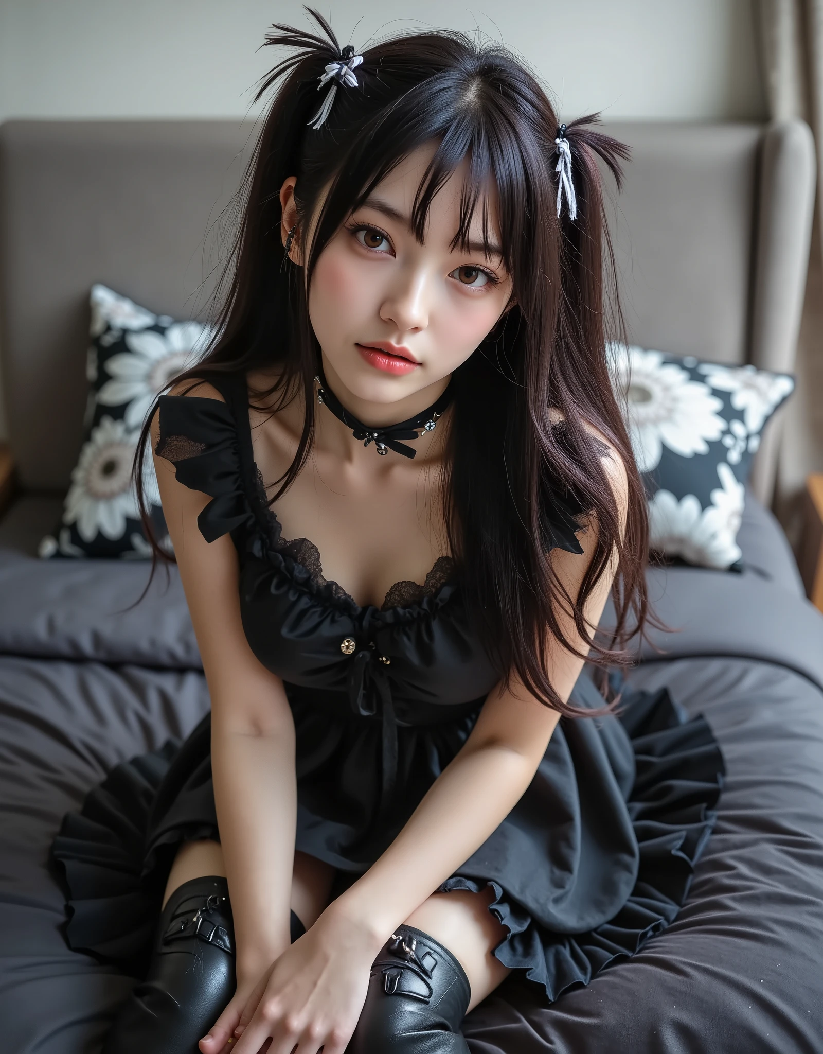 raw photo, 8k, (top-quality), Realistic, (real picture, Intricate details), (natural skin texture, detailed skin, hyper realism, sharpness), (Japanese age girl sitting on bed in a hotel at night), ((white camisole dress, see-through dress)), (((flat chast:1.5))), (slender body, pale skin:1.2), ((straight hair, blunt bangs)), (provocative look, Parted lips:1.3, red eye shadow, eye bag:1.3, red thick lips, under eye circle), night time, red wallpaper, hard lighting:1.3