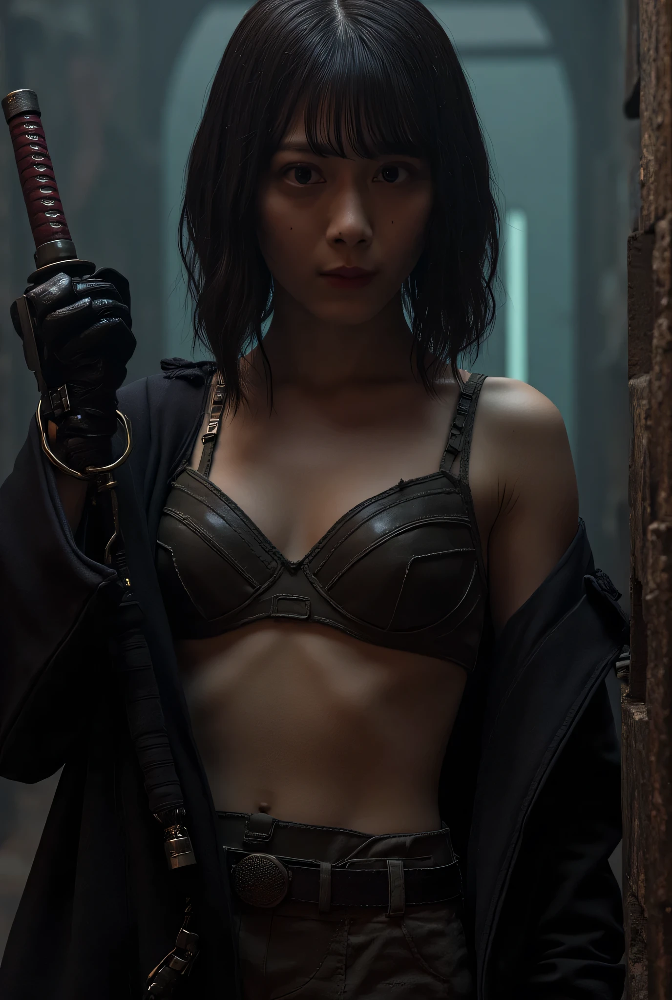 (((The dark interior of the Nostromo ship :2.0))),((( HR Gigger Style Cyberpunk Atmosphere :2.0))),((( swing up a cyberpunk-style Japanese sword:2.0))),Stand upstairs ,((whole body:2.0)), one woman,( cute face),(Beautiful well-balanced face ),(( natural big breasted :2.0)),( black hair:1.5),( beautiful eyes:1.3), glamorous shot of a 20 year old Japanese woman , Slender Beautiful Body ,((Model body type:2.0)),(( slim body with hot water:1.7)), perfect body line , ideal proportions ,(( big breasts:2.0)),((F cup breasts:1.5)),Big Breasts,Bare thighs, sensual thighs, delicate body,( Muscular:1.7),A harmonious posture,(Realistic breast depiction :1.5),( Realistic Depictions of Large Areolas:1.5),((Saggy Natural Breasts :2.0)),(Ultra-realistic nipples:2.0),(Detailed depiction of nipples:2.0), carefully depicting limbs based on perfect anatomy,((Perfect Naked:1.5)),(((I can't wear panties:2.0))),(((( lower body nude:1.5))),(( wears a samurai armor-style military coat over a nude body:1.9)),(ear monitor:1.5),((Tactical Holster:1.5)),( gloves:1.3), concept art,( top quality:1.5),( Masterpiece:1.5),(Super high resolution),resolution,UHD,( delicate depiction), carefully drawn with butterfly wings ,32K,(( realistic skin texture:1.5)),((( Super realistic :1.5))), eyelashes, highly detailed face,Highly detailed female hand,Sexy appearance,Very sensual,(Blurry Dim Backgrounds :1.5), professional photography,( Movie Lighting:2.0),(( Blade Runner Style Lights :2.0))