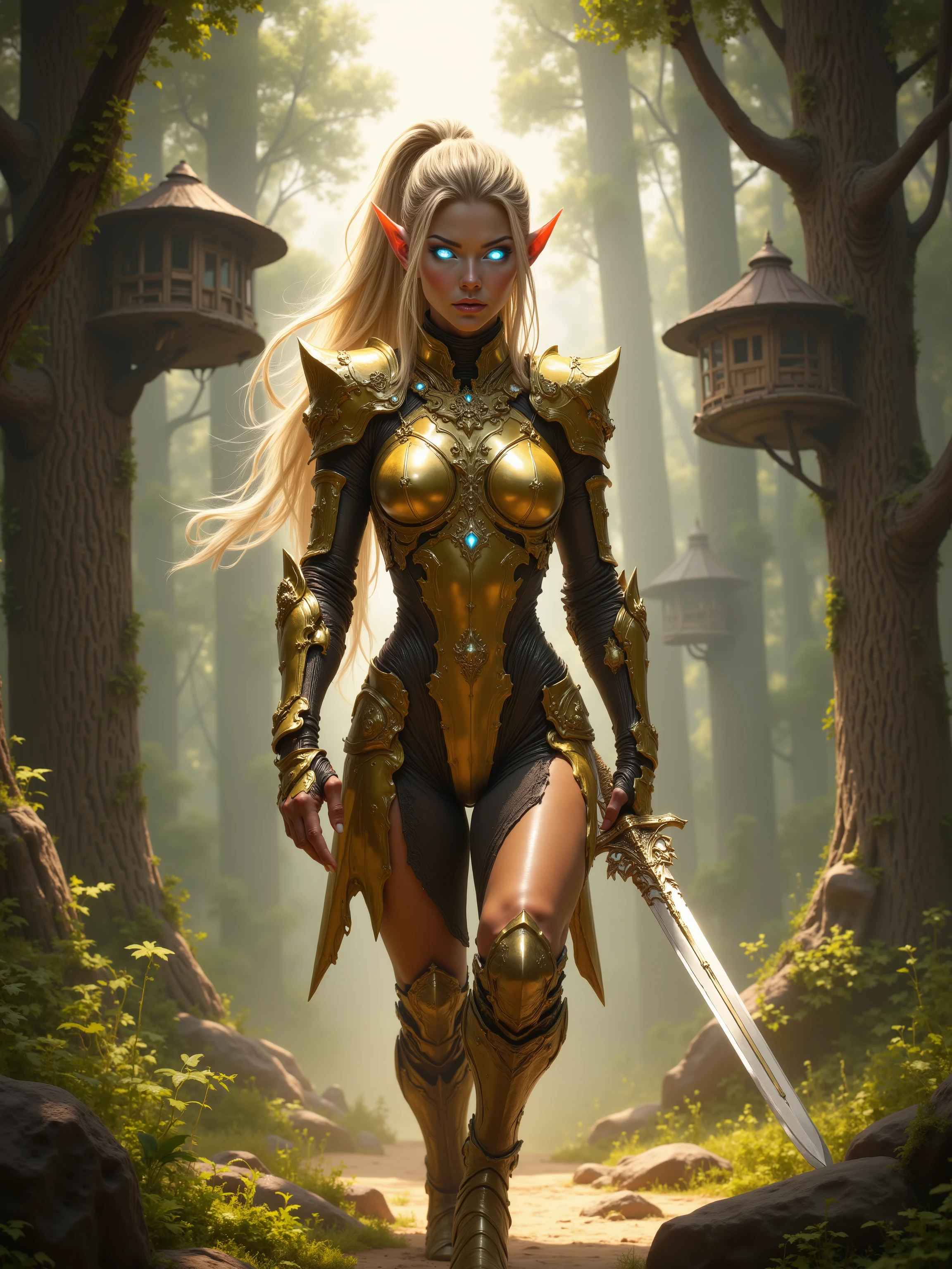 Female Elf, Long Blonde Ponytail with Blunt Bangs, Long Elven Ears, Glowing Blue and white Cybernetic Eyes, Tanned Skin, Large Breasts, Wide Hips, Thick Thighs, Long Legs, Wearing Form Fitting Advanced Golden Leaf Advanced Cybernetic Armor, Holding a Silver High tech Long Sword, walking through a forest during the day, Futuristic Tree Houses in the background