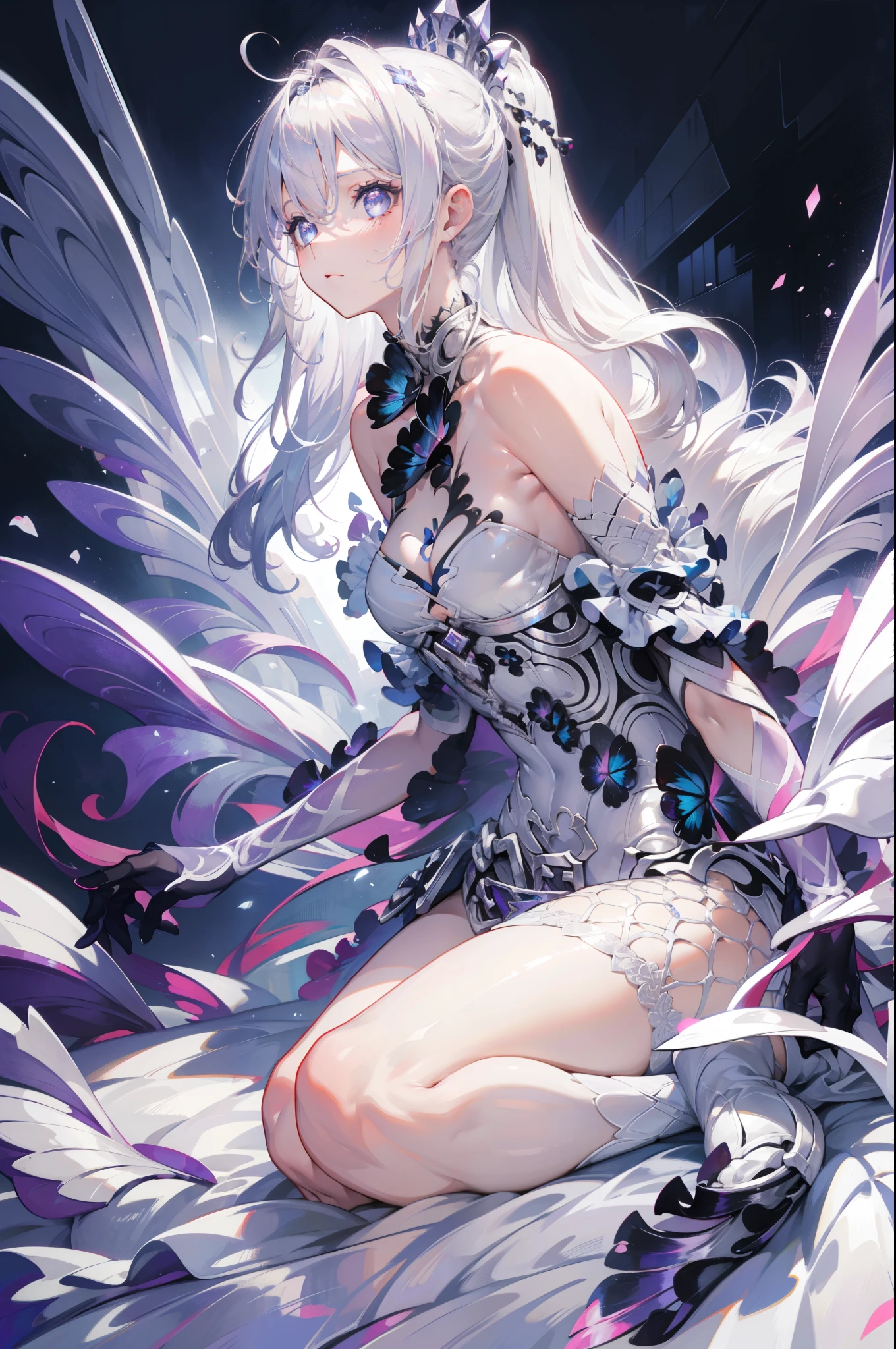full body, silver cheongsam, absurdres, RAW photo, extremely delicate and beautiful, masterpiece, Best Quality, ultra high resolution, 32k, hyperrealistic, ultra-detailed, perfect figure, detailed description, pale skin, 20 years old, detailed beautiful face and eyes, tearful mole, earring, short medium hair, wavy hair,