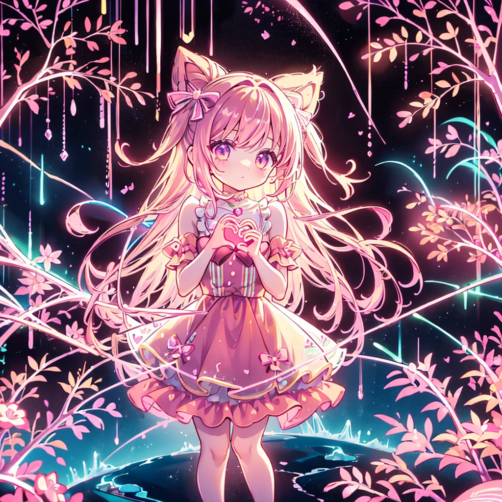  1 girl, chibi、 Best Details、  cute、  neon color gradient hair color 、  pink and brown dress  、  heart chocolate 、  valentine 、  fantasy、  absurd、 neon light enhances  cuteness 、世界一  cute絵、  valentine day、  cowboy shot、Big pink ribbon in a corner of campus 、Box of chocolates 、 Now、  making a heart with hands 