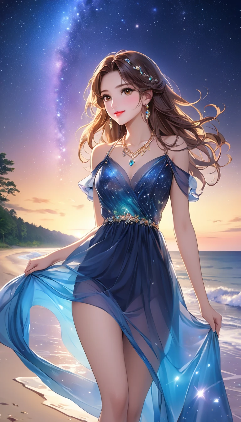 (8K, UHD, highres, masterpiece, best quality), (depth of field), (camera from distance), cinematic lighting, pin light, backlighting, (view from below, wide shot),
(night sky, moon, sea, sand beach, front standing on sand beach, full body:1.5),
((1girl, solo)), high detailed skin, delicate, (((gigantic breasts:0.7, breasts apart:1.2))), beautiful skin, solid circle eyes, detailed beautiful face, beautiful detailed, (detailed eyes), (detailed facial features), beautiful and clear eyes, detail eye pupil, lipgloss, (thin thighs), blush, cheek, long wave hair, (((narrow waist))),
silver sheath dress, (earrings, necklace, bracelet),