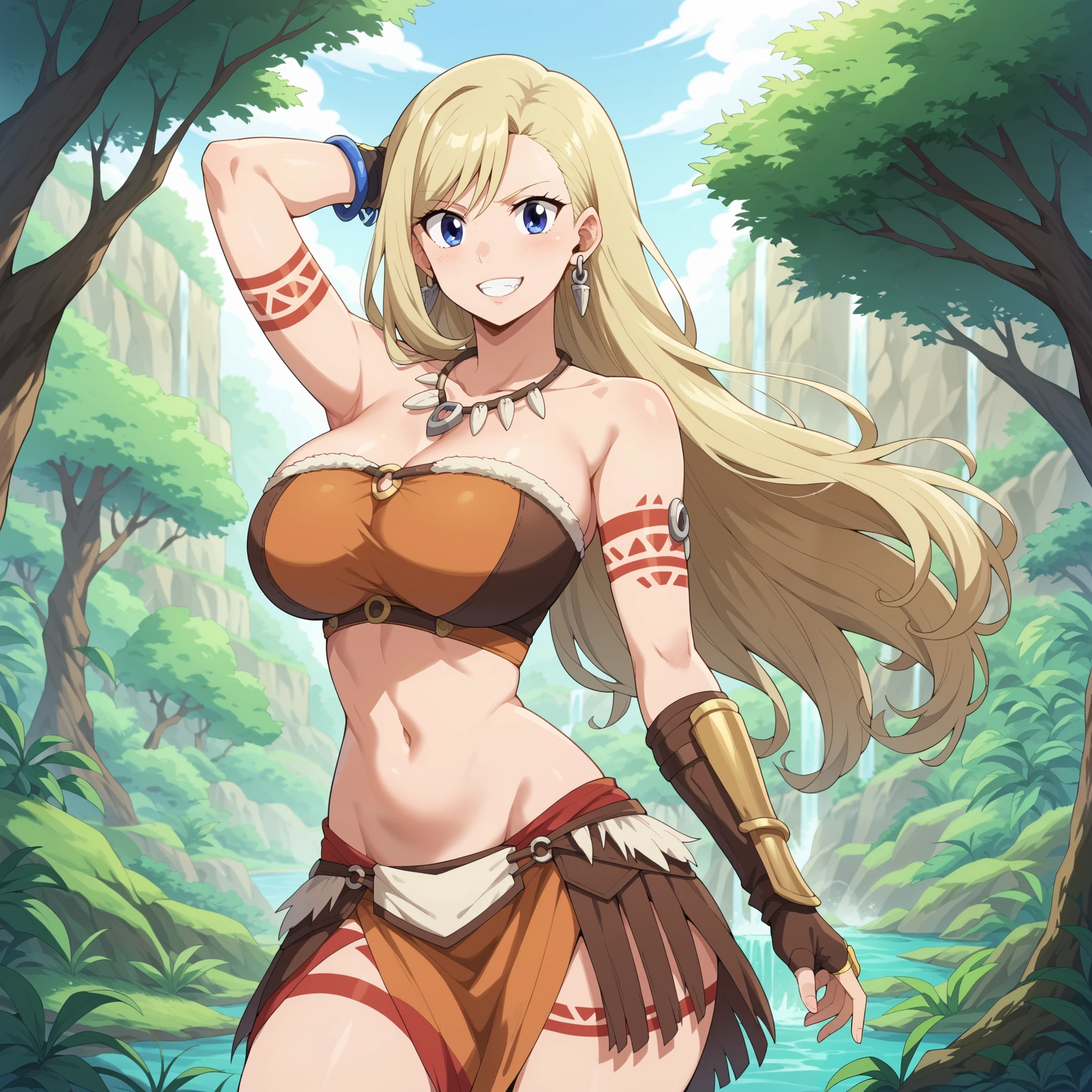 Rebecca bluegarden ( Edens Zero). Cosplay of , tribal, ,  ojos azules ,  blonde hair, light and lightly tanned skin,  very large breasts,  female body.  FLAT ABDOMEN ,  tooth earrings ,  tooth necklace ,  Bare Shoulders, adorno  of footl, bracelet, Gauntlets, neckline,  navel , , Tribal Skirt, Calentadores  of footrnas, Alone ,  of foot