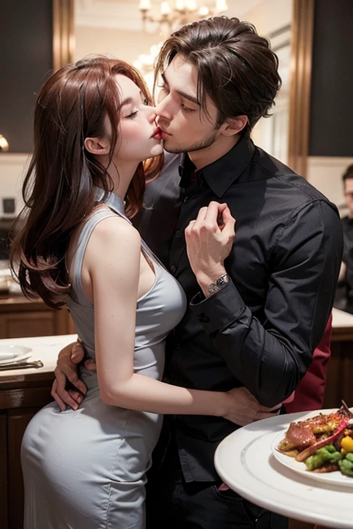 (A man and a woman at the dining table)Woman facing the dining table.Lie on your stomach at the table. The skirt is lifted up to the waist. Man hugs woman&#39;s waist from behind.The man&#39;s meaning is obvious.The woman&#39;s expression is that she is still thinking about it.