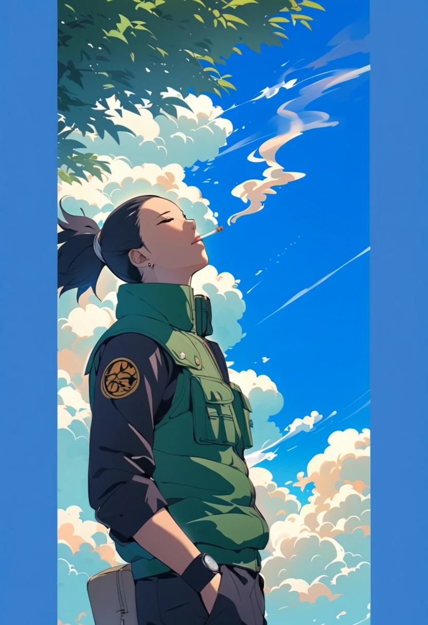 shikamaro , green jacket, black hair, smoking a cigarette in her mouth , clouds in the background.