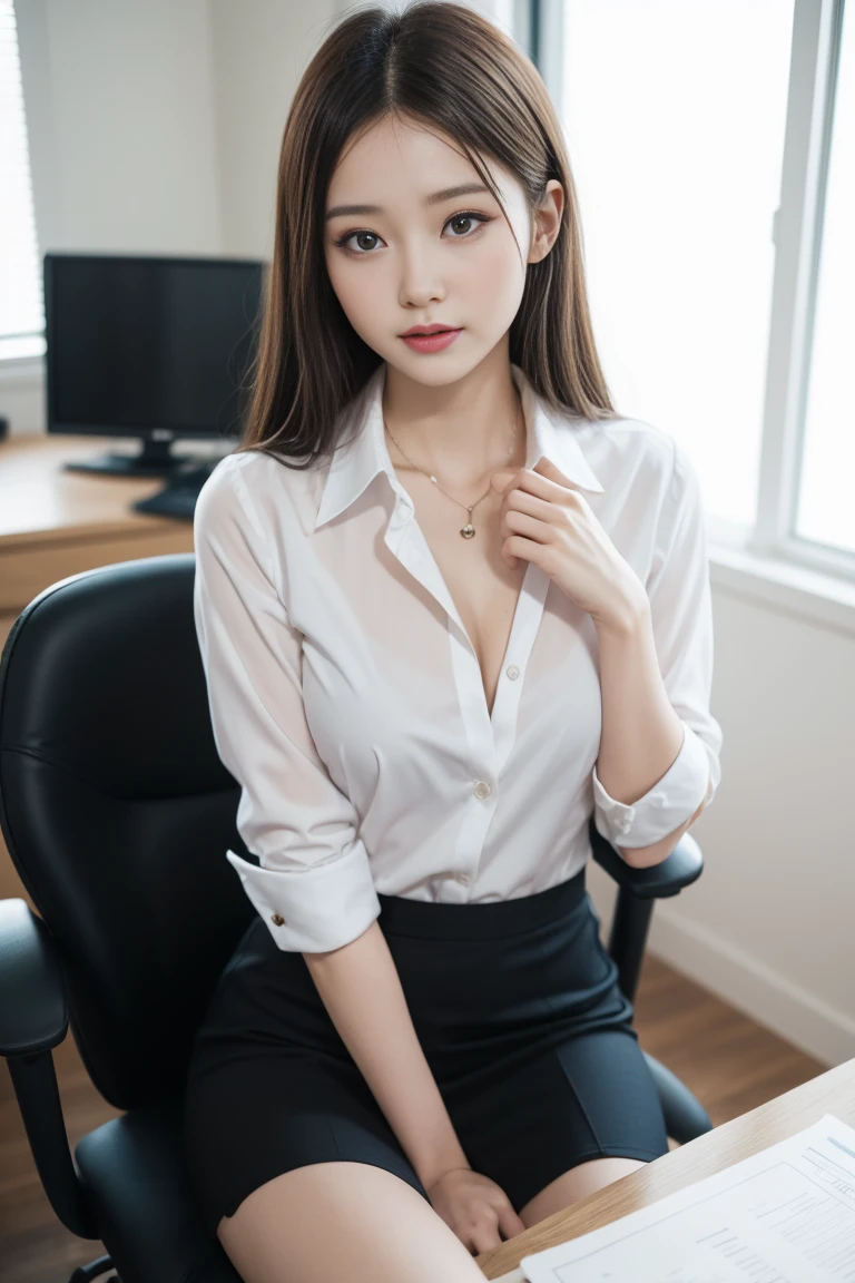 1 Cute Japan Woman、(Raw photography:1.2)、(Photorealsitic:1.4)、The beauty of beautiful details、and delicate facial expressions、((Panties are visible))、(crouching down)、Mansuji in panties、Ridiculous、Incredibly ridiculous、ultra-detailliert、hight resolution、Transcendent beauty、top-quality、masterpiece、((Office Uniforms))、Very detailed expression、Smaller chest、Realistic nipples、finely detail、Highly detailed face movie lighting、30-year-old girl、a baby face、front facing、(((dynamicposes)))、((Sitting on legs with bent knees))、tight skirts、Sexy upper eyes、a smile
