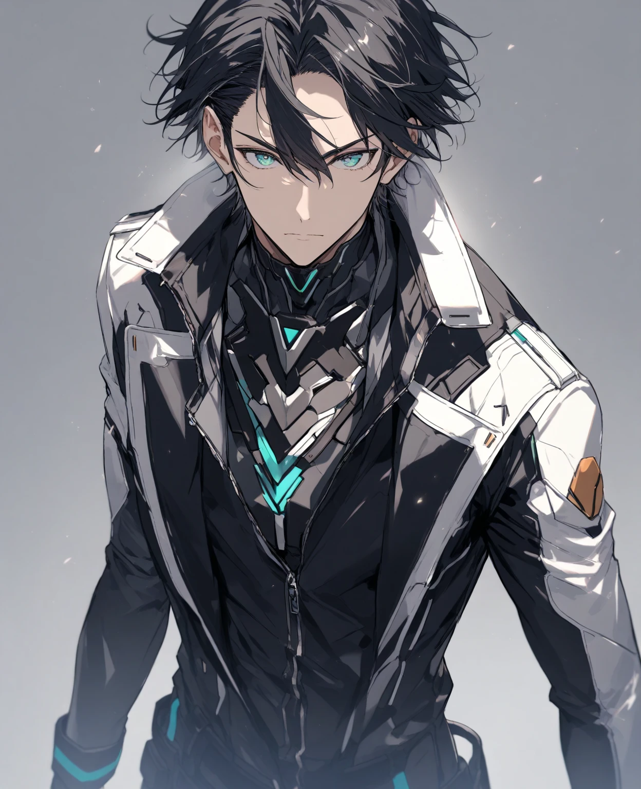 A 15-year-old teenage boy with an albino skin tone. He is an engineer and artificer, without facial or body hair. His hair is short and straight, colored white. The boy is wearing a futuristic cyberpunk in black and blue, futuristic style clothes, adorned with white lightning patterns. He is surrounded by an aura of white lightning, with a background featuring a scenery of rapid lightning and thunder. Thunder powers.