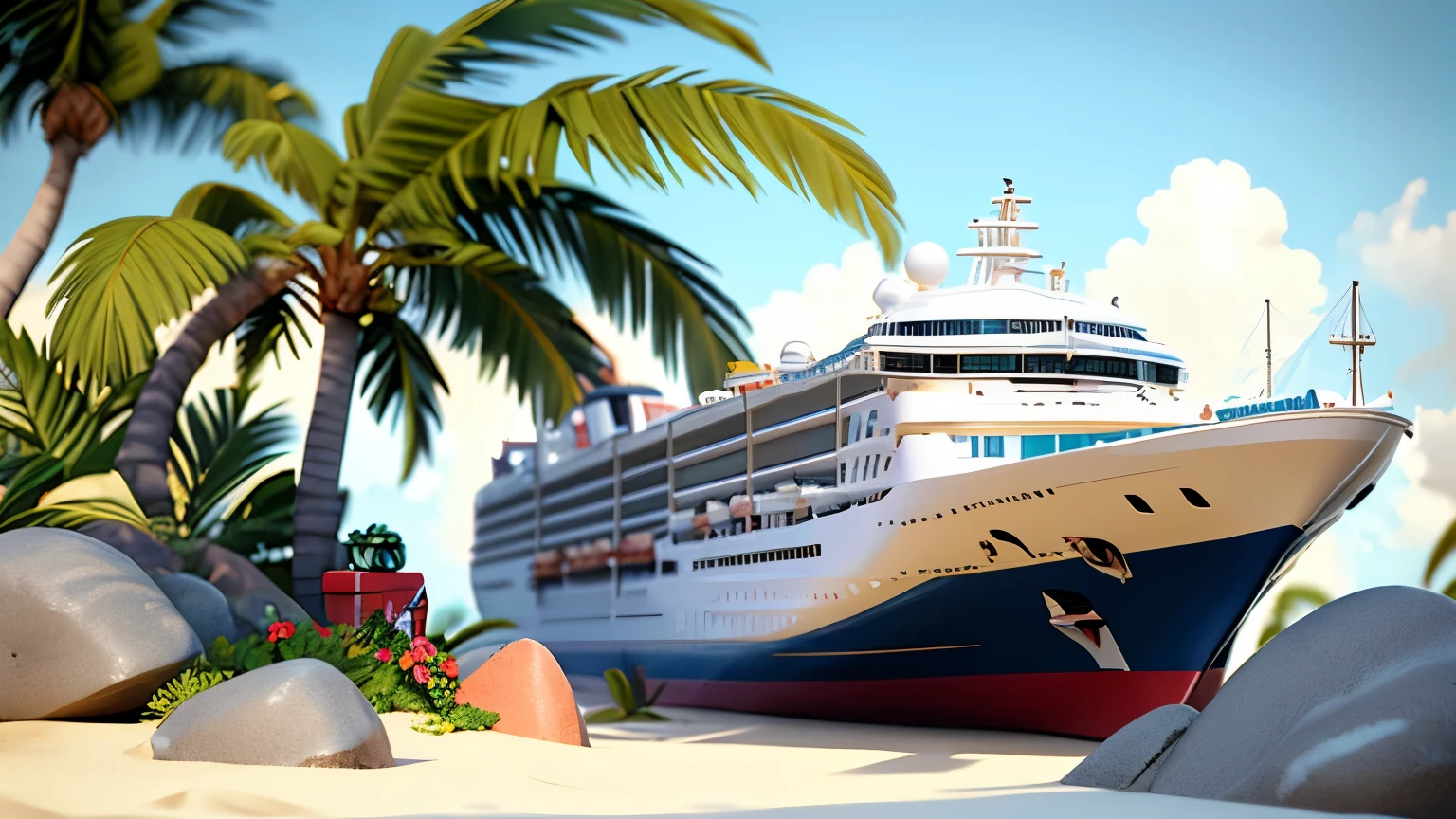 the white cruise ship a vibrant beach scene featuring a large dodger blue and white lifebuoy on the sand, surrounded by green palm trees and the sandy beach has scattered rocks and flowers 3d image cartoon