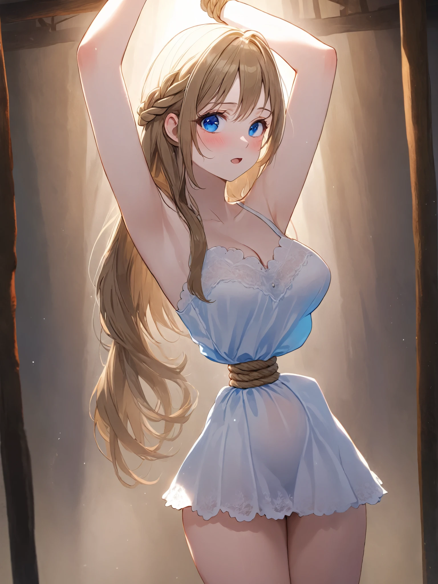 ((Real Picture Style     ))),((   masterpiece )), ((  top quality)), (  very well detailed ), torture chamber ,((( Hemp Rope Tightening Around the Waist ))), cute girl, White Lace Slip Dress,Beautiful light brown hair  ,( beautiful blue eyes ),  long hair,  expression of pain 