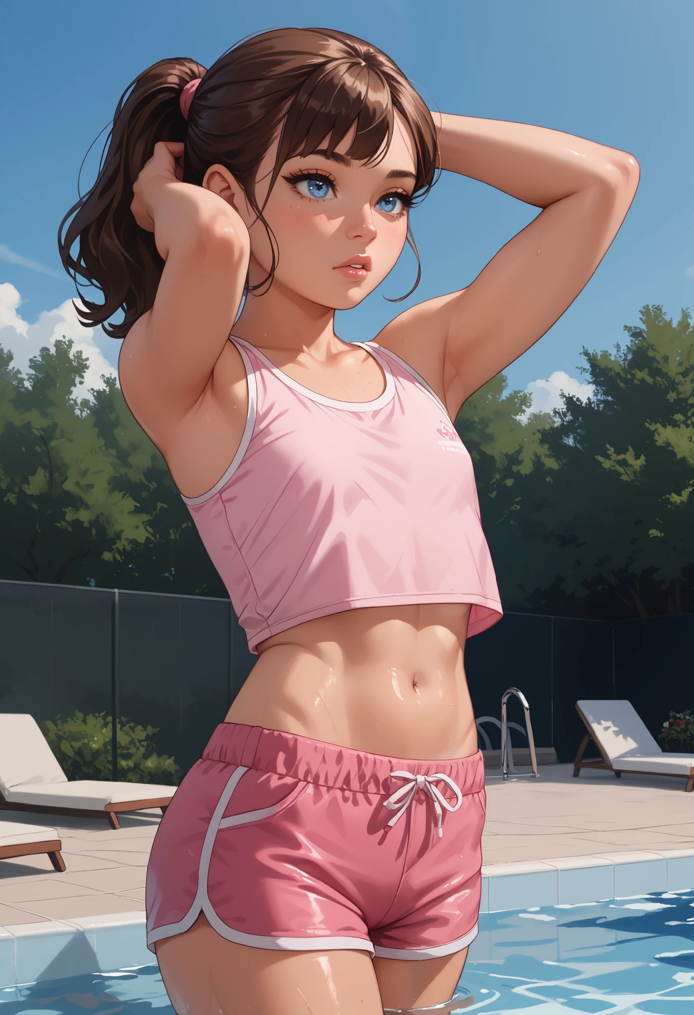 Dominic, rathing_questionable , brunette tanned, thick eyelashed, nice eyebrowed, plastic lips, brown ponytail,  blue eyes, thick legged, plastic breasted ,Walking along the edge of the hotel rooftop swimming pool. (Cropped swim tank top
) (pink swim shorts) ,((small breasts)) ,weak , unhealthy , (((very thin:1.2))) (Flat chest:1.4) gaunt , (strong) Raise your arms (look at arm)