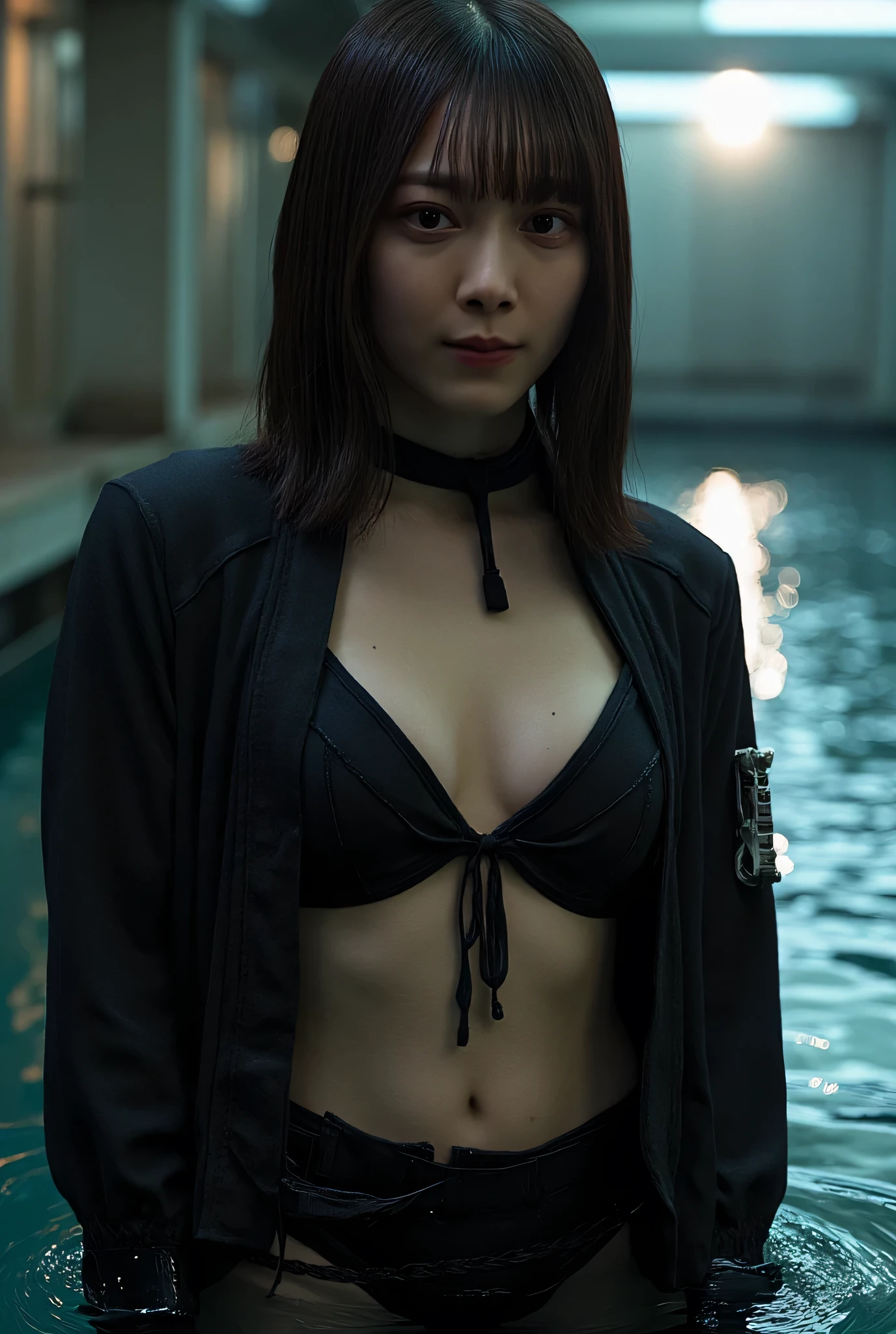 ((Slim Model body type:2.0)),(((Dark Nostromo boat pool :2.0))),((( HR Gigger Style Cyberpunk Atmosphere :2.0))),(((Hold a cyberpunk-style Japanese sword:2.0))), Standing,((whole body:2.0)), one woman,( cute face),(Beautiful well-balanced face ),(( natural big breasted :2.0)),( black hair:1.5),( beautiful eyes:1.3), glamorous shot of a 20 year old Japanese woman , Slender Beautiful Body ,((Model body type:2.0)),(( slim body with hot water:1.7)), perfect body line , ideal proportions ,((underboob:2.0)),(( big breasts:2.0)),((F cup breasts:1.5)),Big Breasts,Bare thighs, sensual thighs, delicate body,( Muscular:1.5),A harmonious posture,(Realistic breast depiction :1.5),(Realistic depiction of areolas:1.3), carefully depicting limbs based on perfect anatomy,((Futuristic Samurai Style Black Micro Bikinis :2.0)),(((The black sparrow :2.0))),(( a samurai kimono-style military coat with an open front over a micro bikini:1.7)),(ear monitor:1.5),((Tactical Holster:1.5)),( gloves:1.3), concept art,( top quality:1.5),( Masterpiece:1.5),(Super high resolution),resolution,UHD,( delicate depiction), carefully drawn with butterfly wings ,32K,(( realistic skin texture:1.5)),((( Super realistic :1.5))), eyelashes, highly detailed face,Highly detailed female hand,Sexy appearance,Very sensual,(Blurry Dim Backgrounds :1.5), professional photography,( Movie Lighting:2.0),(( Blade Runner Style Lights :2.0))