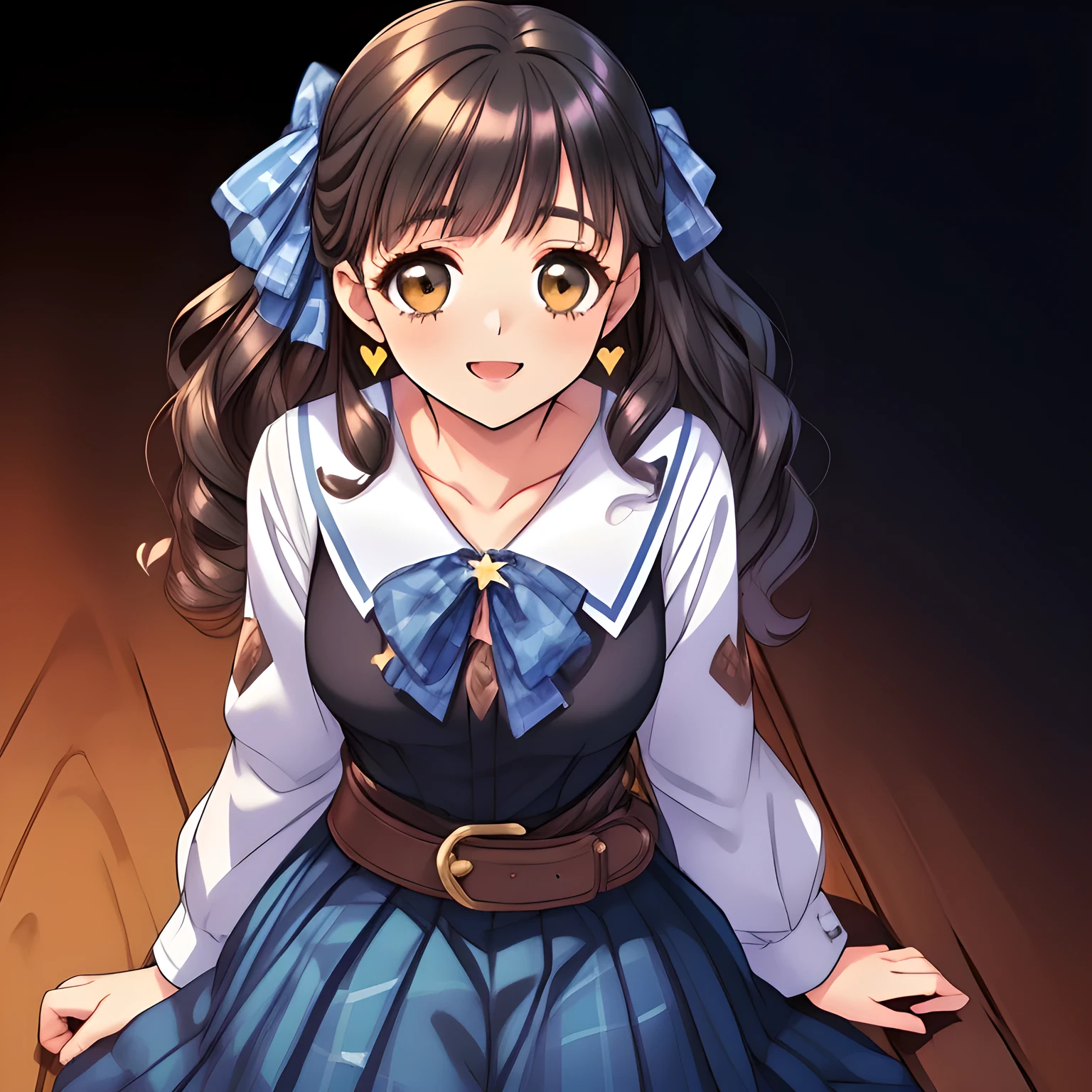 (highest quality, masterpiece:1.2), highest quality, High resolution, 1080p, 8K, (A yo beautiful pretty fashion model is seated on a char and turning to me, most beloved girl in the school, (intelligent and perfect slender body), too flirting girly smile, amazingly neat & clean, in peace and neat lovely strong charm, (face up, looking down), tilted head: 1.8), (Too noble beautiful lady like a love-story comic heroine), (laugh in bliss), (Whispering the viewer's subliminal desire secretly to hypnotize the viewer), A very lovely, very noble, pretty and pure beautiful girls. ((Bursting out Laughing very elegantly)), ((white face)), Using expensive whitening cosmetics by cosmetics artist: 1.2), A white face that everyone loves, Glossy lips, (curled) bangs, (Too beautiful blue fascinating shiny (double-lidded) (brown eyes) with love to the viewer, ((deep upper girly eyelid)), with detailed clearly (like girlish comics beautiful lovely heroine): 1.5), ((amazingly beautiful (wavy) long black hair: 1.5)), (Sailor-style school uniform, Neat smart (yellow blouse)): 1.5), (A long, very neat, (tartan-checkered pleated blue skirt with belt): 1.2), (too pretty shiny light-yellow realistic school ribbon): 1.5), (Shiny game heroine lips, extremely laughing open mouth: 1.0), (Ribbon in (black hair), The ribbon is big and very pretty), (Tight waist, slender like a beautiful fashion model: 1.5), (The background is (plain black space with lovely heart stars) to emphasize her fascination: 1.8), (The lady knows well about the viewer's super fetishism for school uniforms, and satisfies it completely: 1.7), (beautiful neat girly atmosphere to induce the viewer's subliminal sexual desire: 1.5), (take a full body side shot)